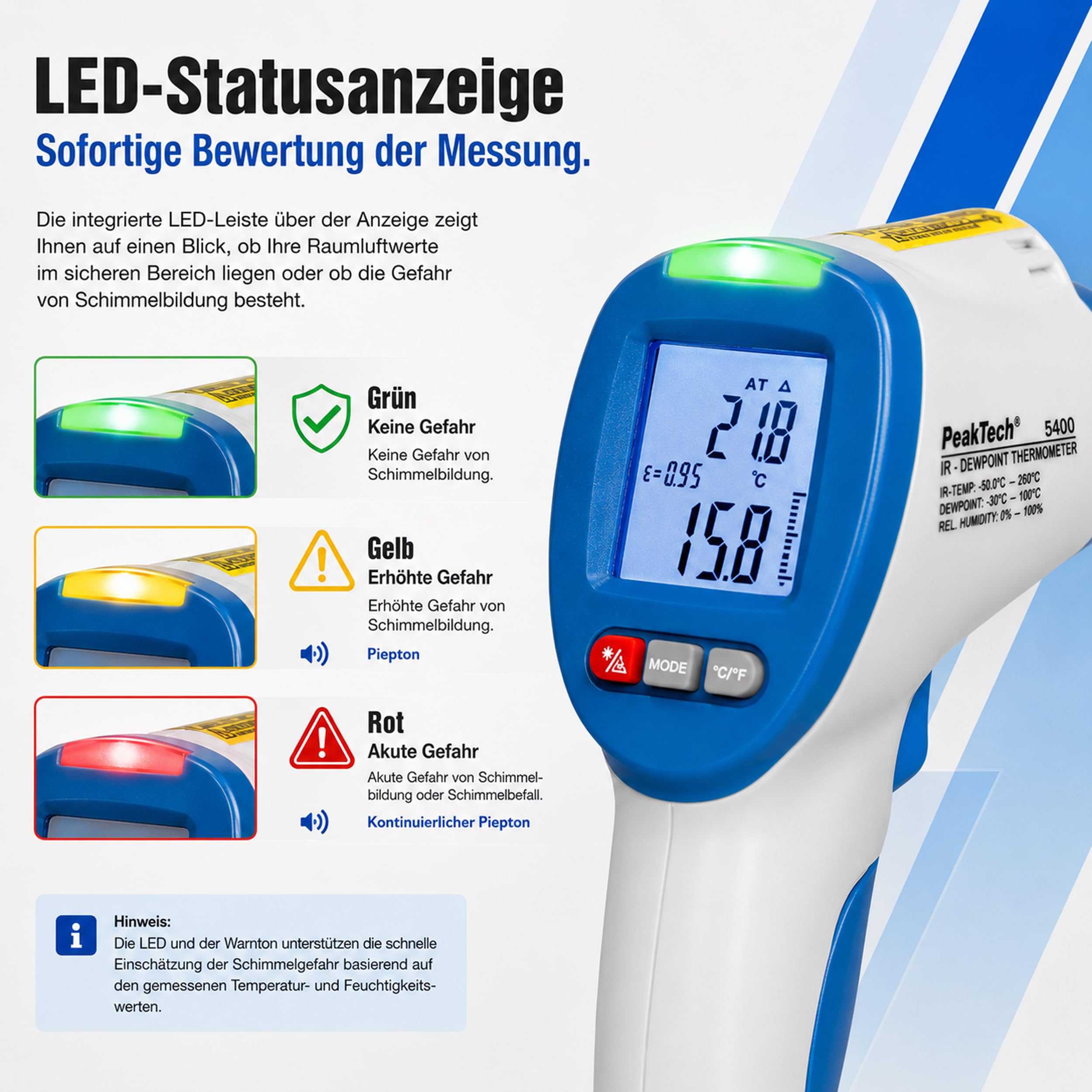 PeakTech P 5400 - IR Messgerät, Infrarotthermometer (-50°/260°), Oberflächen Thermometer, Taupunktscanner (-30°/100°), LED Umweltmessgerät, Thermodetektor Feuchtigkeit (0-100%), Taupunkt Messgerät