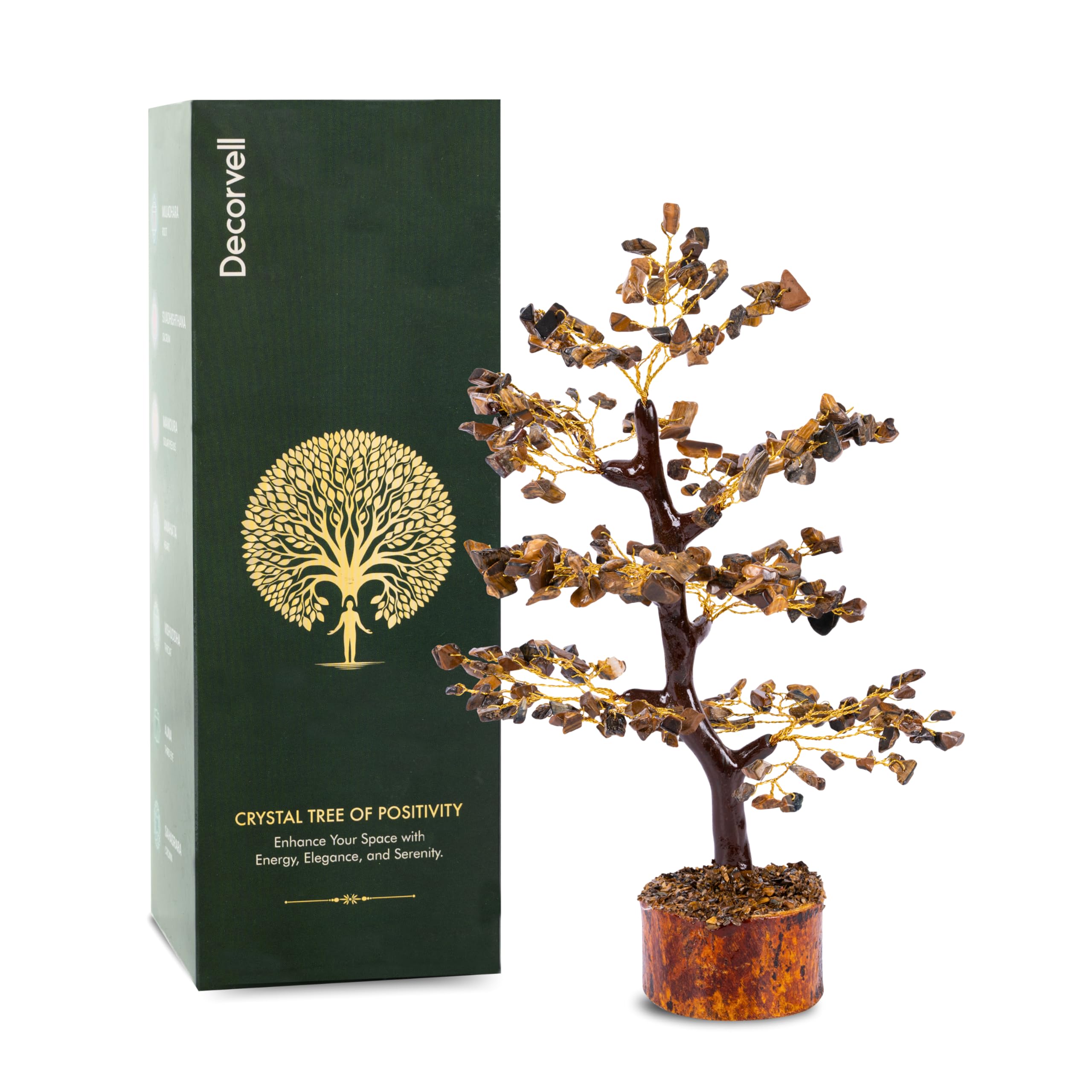 Decorvell Women's Tiger Eye Golden Wire Tiger Eye Crystal Tree – Tree Of Life With Healing Crystals, Chakra Tree, Gemstones, And Crystals. This Crystal Bonsai Tree Promotes Positive Energy, Perfect Addition To Home Décor