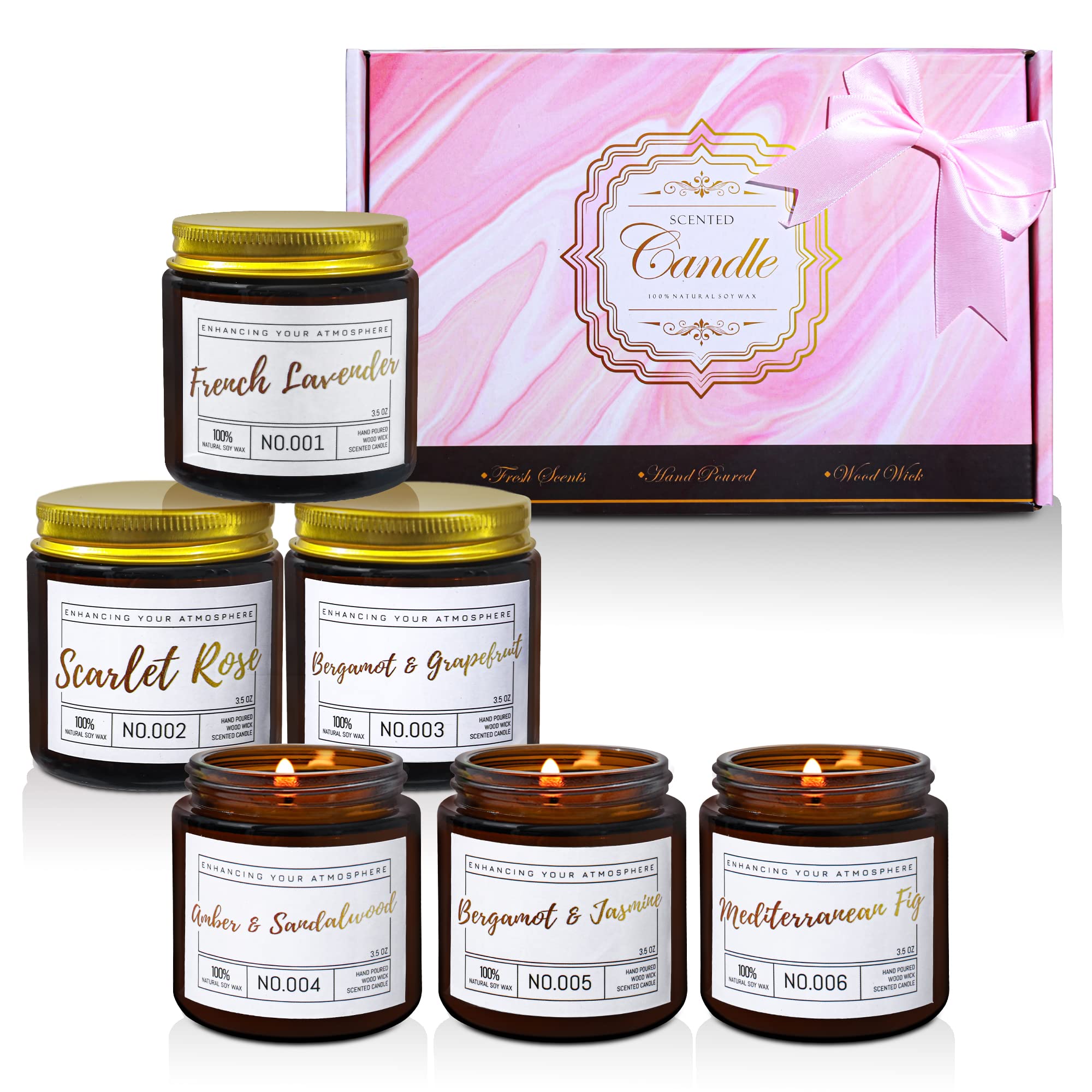 Fall Candles for Home Scented Gifts for Women and Men,6 Pack of Amber Glass Material,6 Flavors