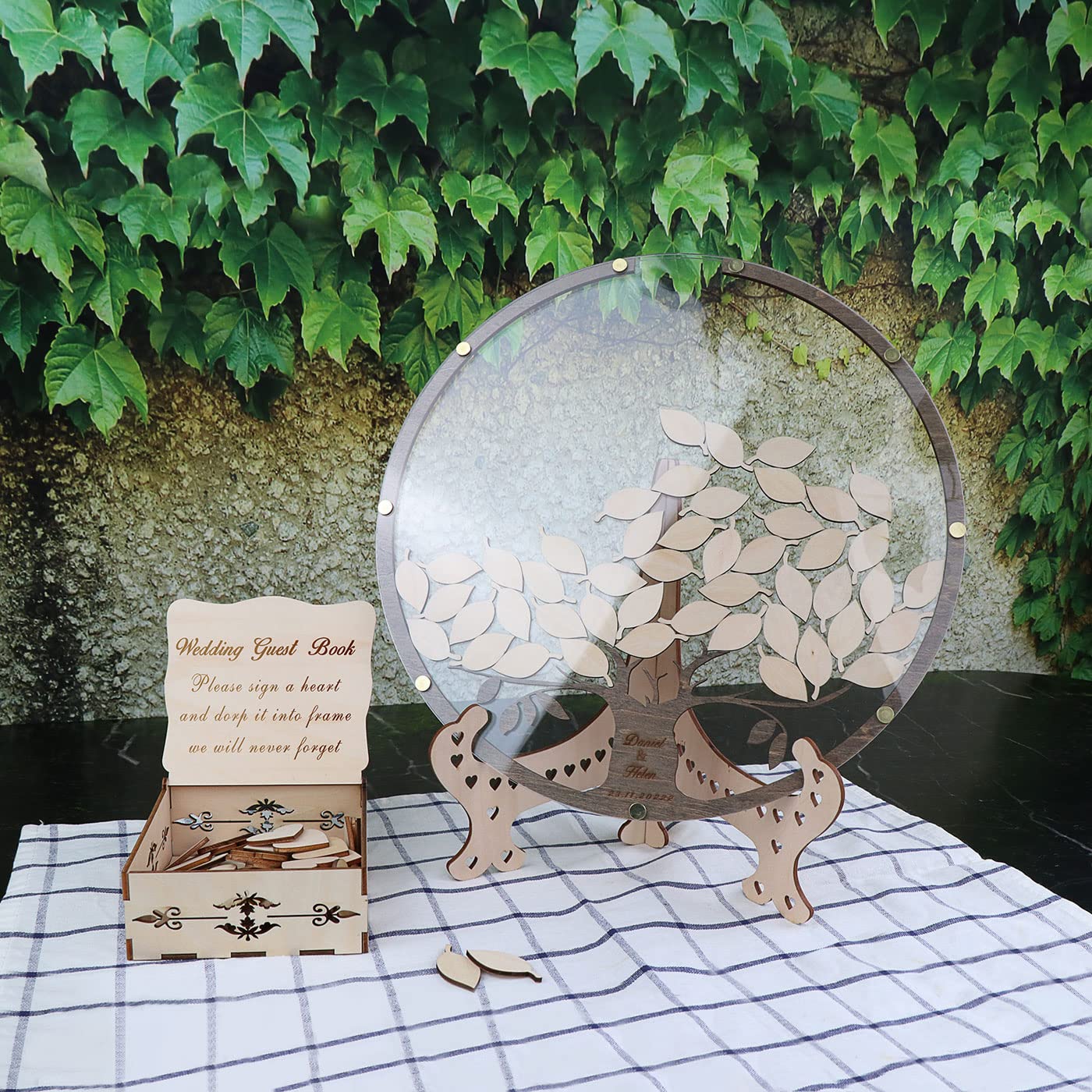 Livre d’or Arbre Personnalisable – Livre d’or de Mariage Alternatif avec Feuilles et Boîte – Cadre Rond en Bois et Acrylique pour Décoration Rustique (Anniversaire, Naissance)