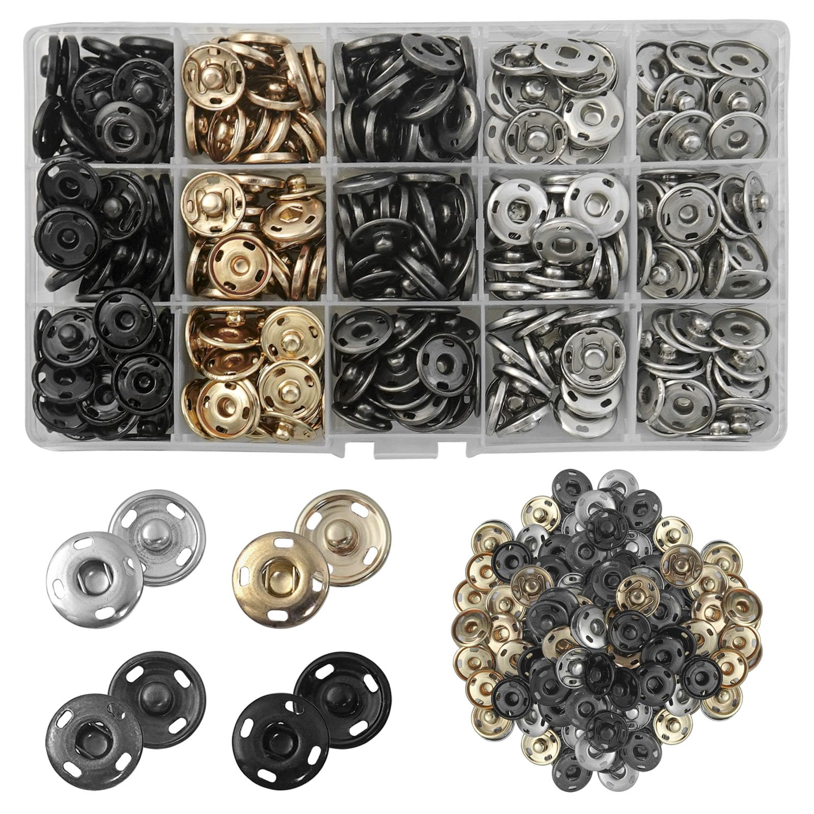 Hevysuo Black+Silver+Gold+Gun Black 150 Pcs 4 Colors Sew On Snap Fasteners 15Mm,Stainless Steel Snaps Fasteners Kit,Sew On Snap Buttons For Clothes,Diy,Handbag