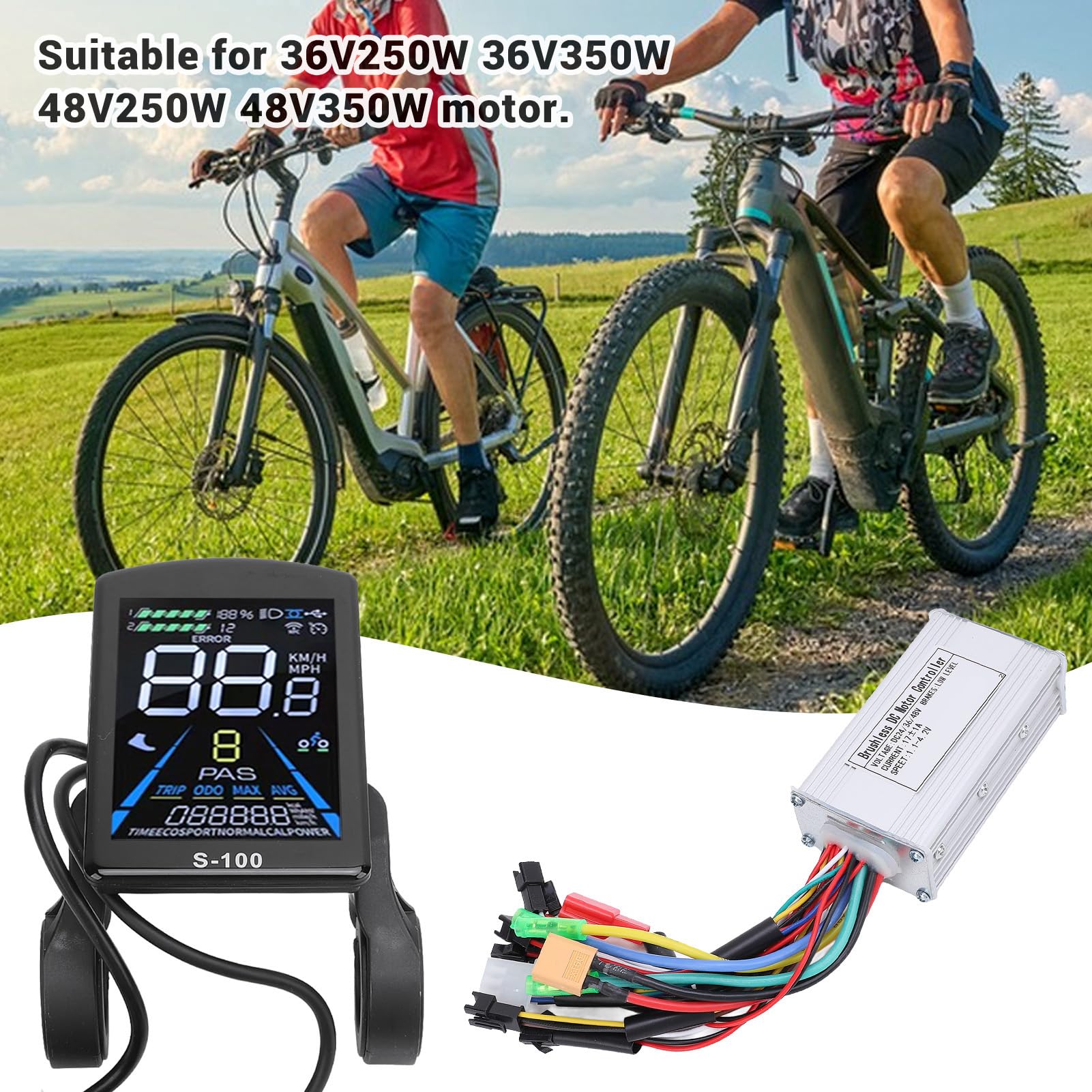 BuyWeek Kit Controller Brushless Bici Elettrica, 36V 48V 250W 350W 17A Controller Onda Sinusoidale 3 modalità con Display LCD a Colori S-100