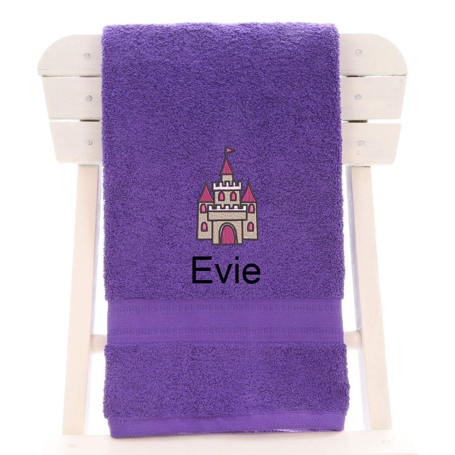 aztex Personalised Children's 100% Cotton Bath Towel with Princess Castle Logo & Name, 550gsm, 70cm x 130cm - Purple