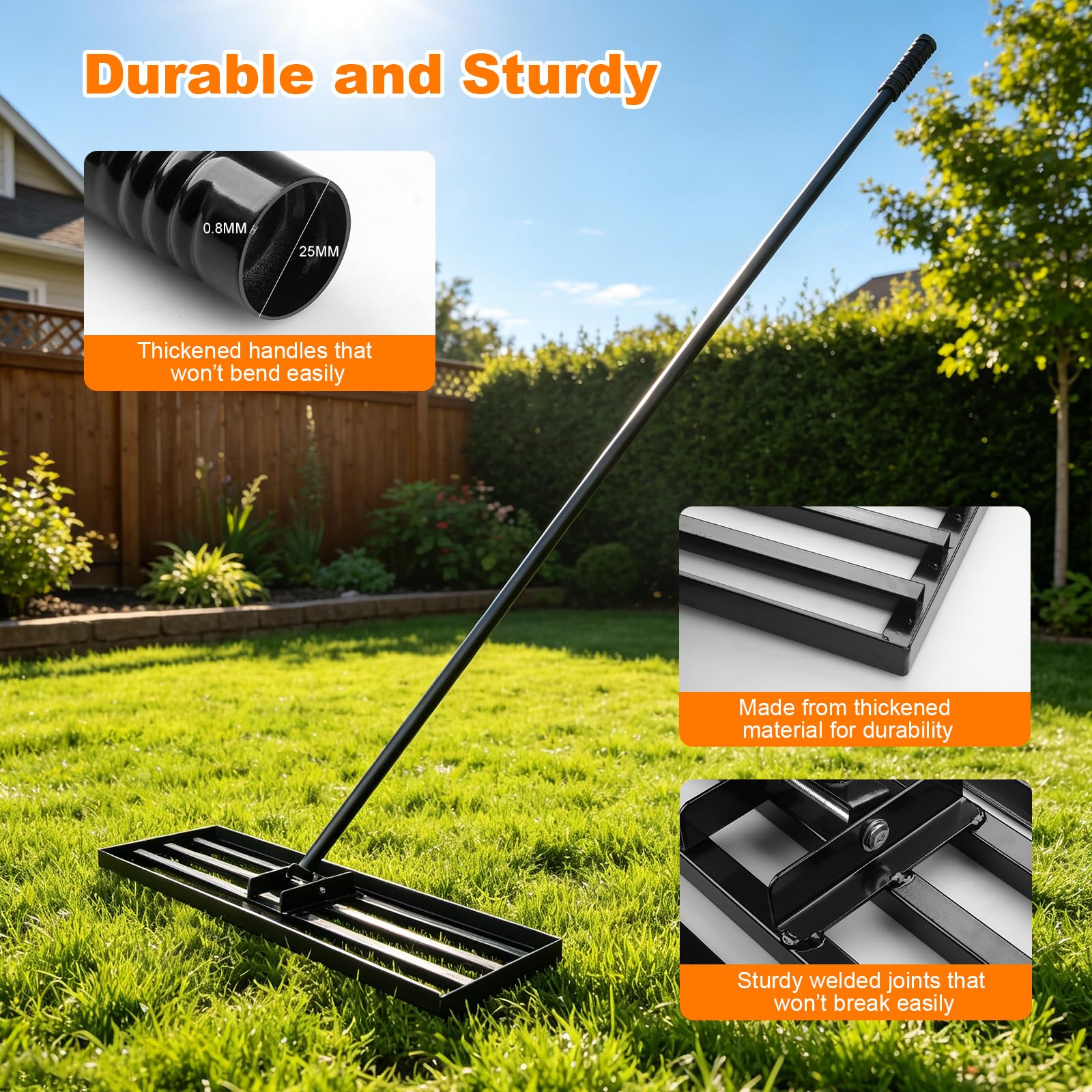 75x25cm Râteau de Nivellement de Pelouse, Outil de Jardinage avec Manche Réglable 213cm, Large Râteau Niveleur Professionnel en Acier pour Terrain de Golf, Jardin et Arrière-Cour