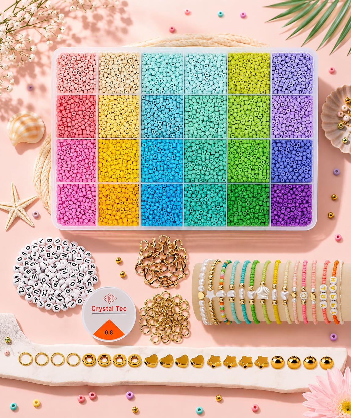 Vinskep Friendship Bracelet Making Kit for Kids - Premium Colorful Beads Jewelry Making Set with Alphabet Beads, Decorative Charms, Elastic Cord & Accessories for DIY Arts & Crafts (Moti Kit)-image-32