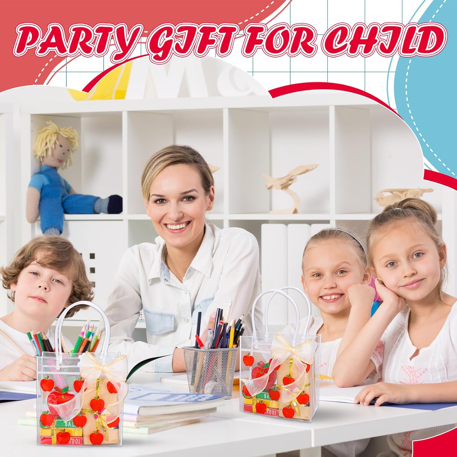 FYSUIMU 12 Pcs Back to School Clear PVC Gift Bags Red Apples Fruit Party Favor Bags with Handles Treat Tote Bag with Ribbon for First Day of School Birthday Baby Shower - Image 4