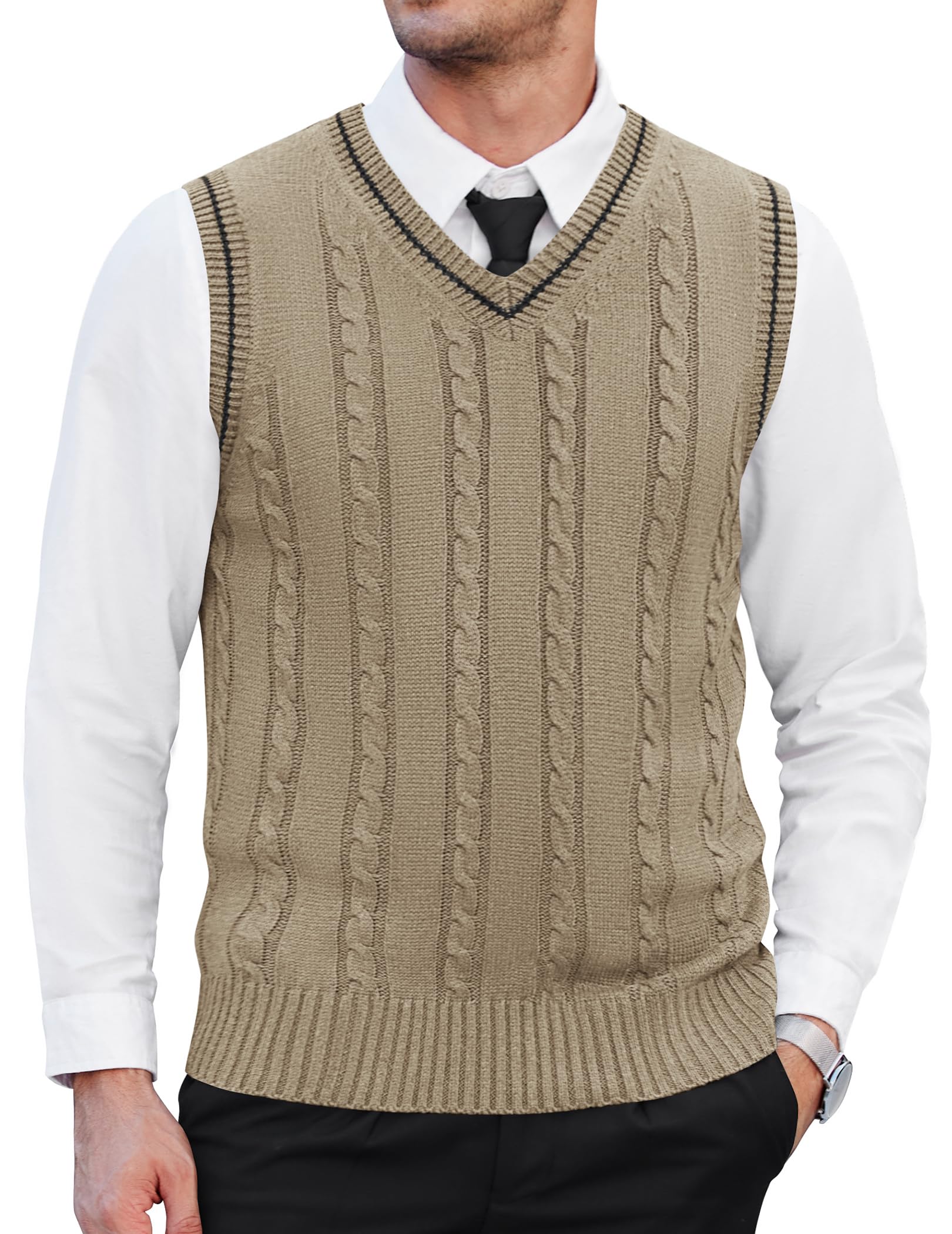 coofandy Men's Sweater Vest V Neck Slim Fit Casual Sleeveless Twisted Knitted Pullover Sweater, Khaki, Large-picture-49