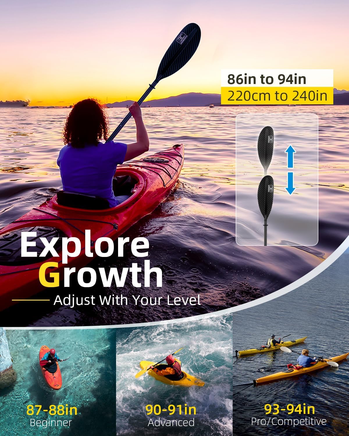 OCEANBROAD Adjustable Carbon Fiber Kayak Paddle 86in/220cm to 94in/240cm Kayaking Oar for Adults with Paddle Leash 1 Paddle