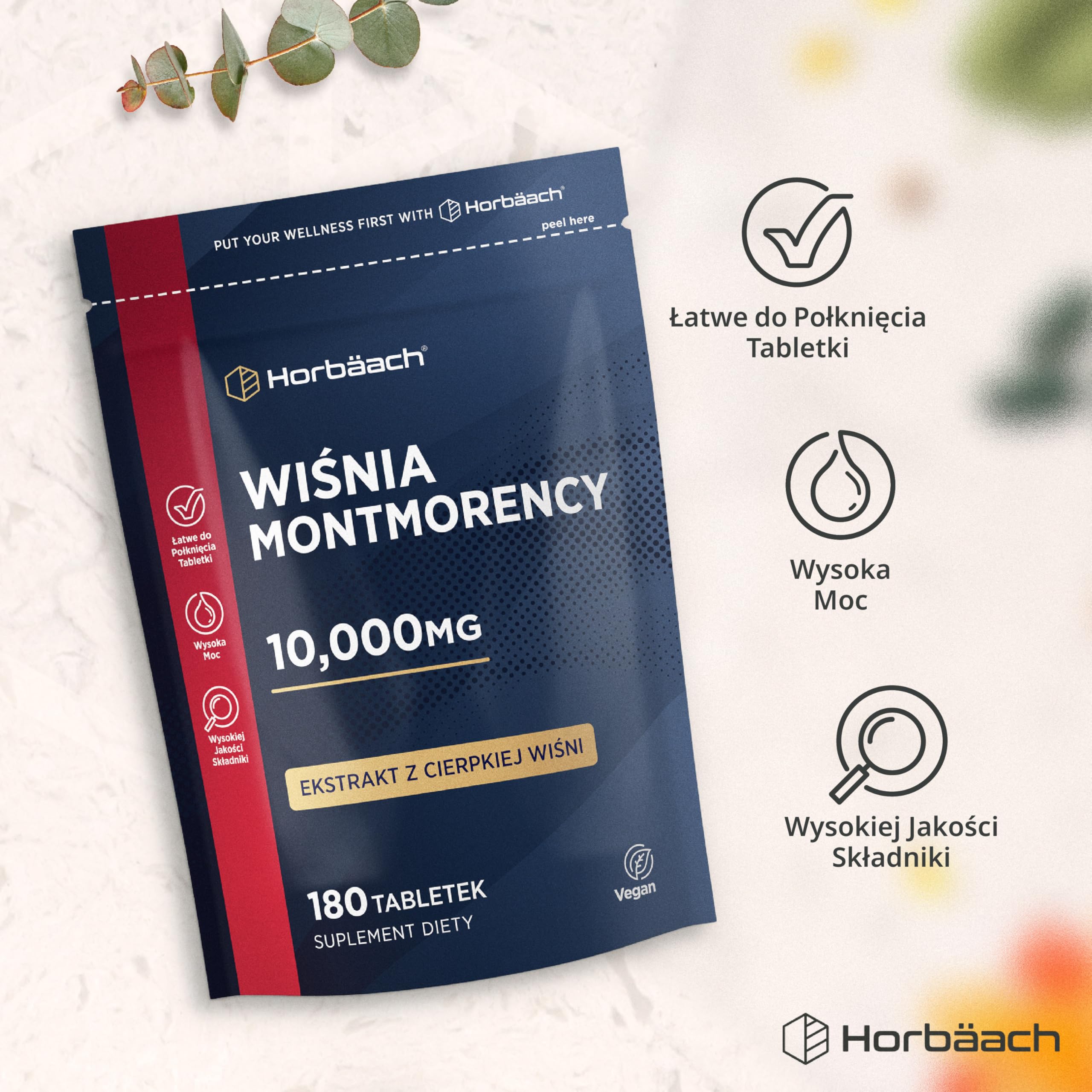 Wiśnia Montmorency 10,000mg | 180 Tabletek - Zapas na 3 Miesiace | Naturalny Ekstrakt z Cierpkiej Wiśni 50:1 | Wysokie stężenie, koncentrat wegański | marki Horbaach
