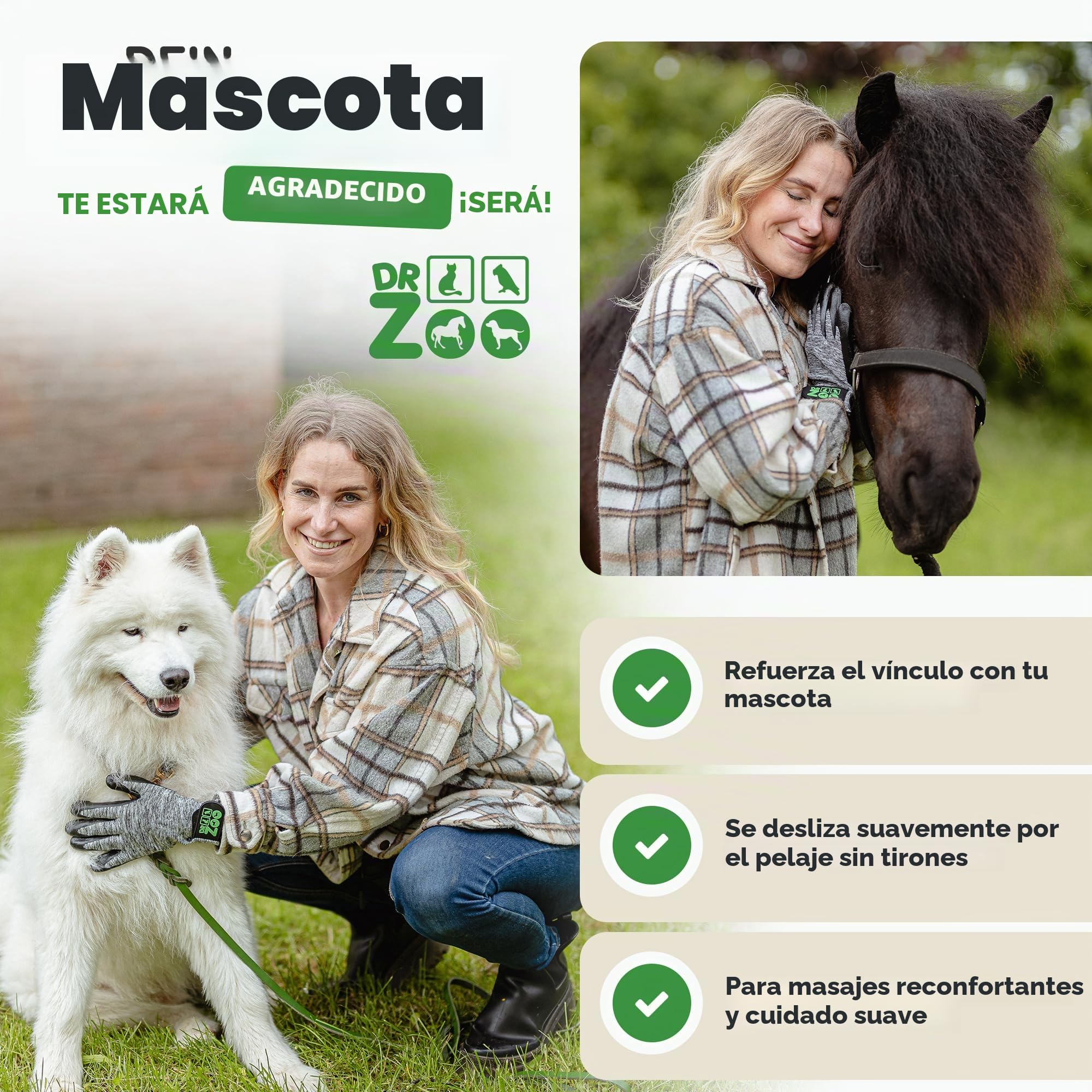 Guantes profesionales de aseo Dr. Zoo para cualquier mascota con pelo corto, mediano y largo; se pueden utilizar como cepillo de perro/gato/caballo o peine de curry; guante de aseo para eliminar el