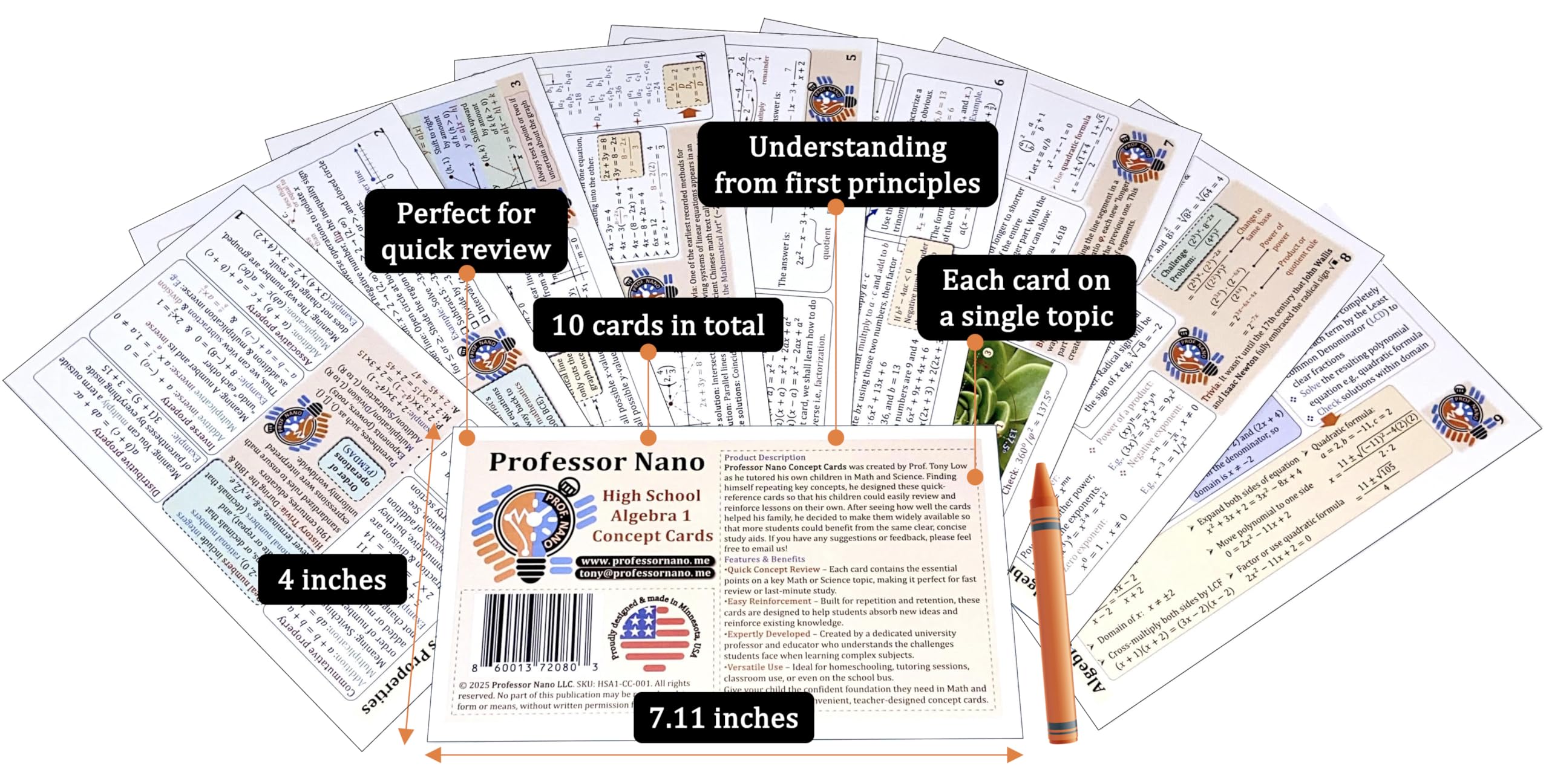 Professor Nano High School Algebra 1 Concept Cards (4x7.11 inches, Set of 10) Cheat Sheet, Quickstudy - Image 2