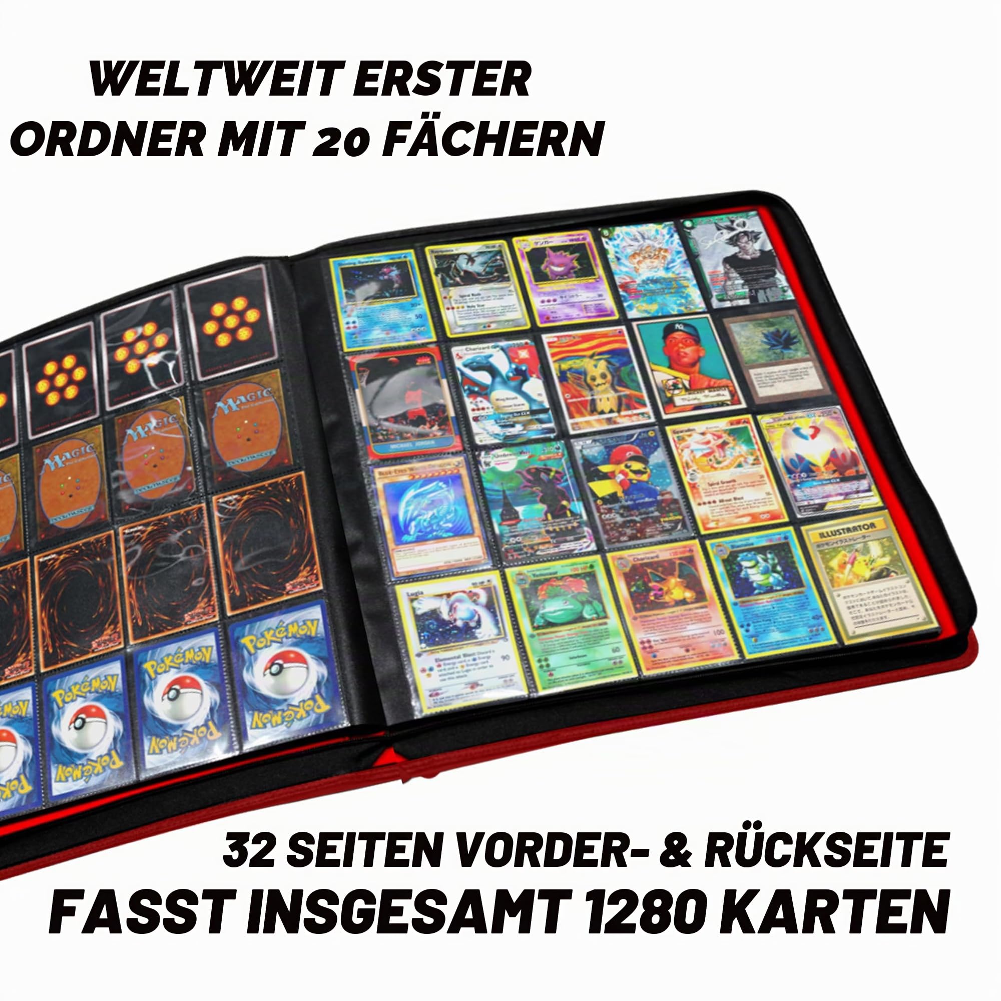 1280+ Karten 20 Pocket Card Binder Sammelkarten Album - Seiten Kompatibel mit Pokemon Karten, Sportkarten, Yugioh, MTG und Anderen TCG - Sammelkartenhülle mit seitlichen Loading Pockets (Rot)