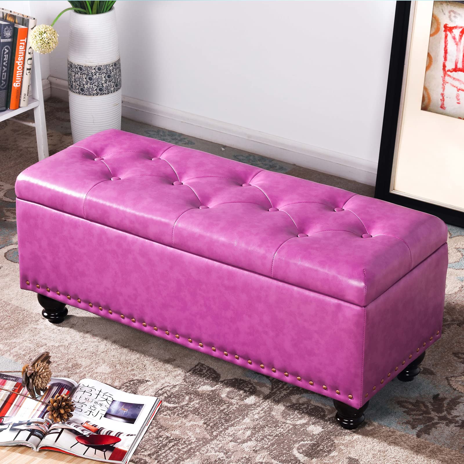 Banc de rangement ottoman capitonné violet avec pieds bois pour salon et couloir