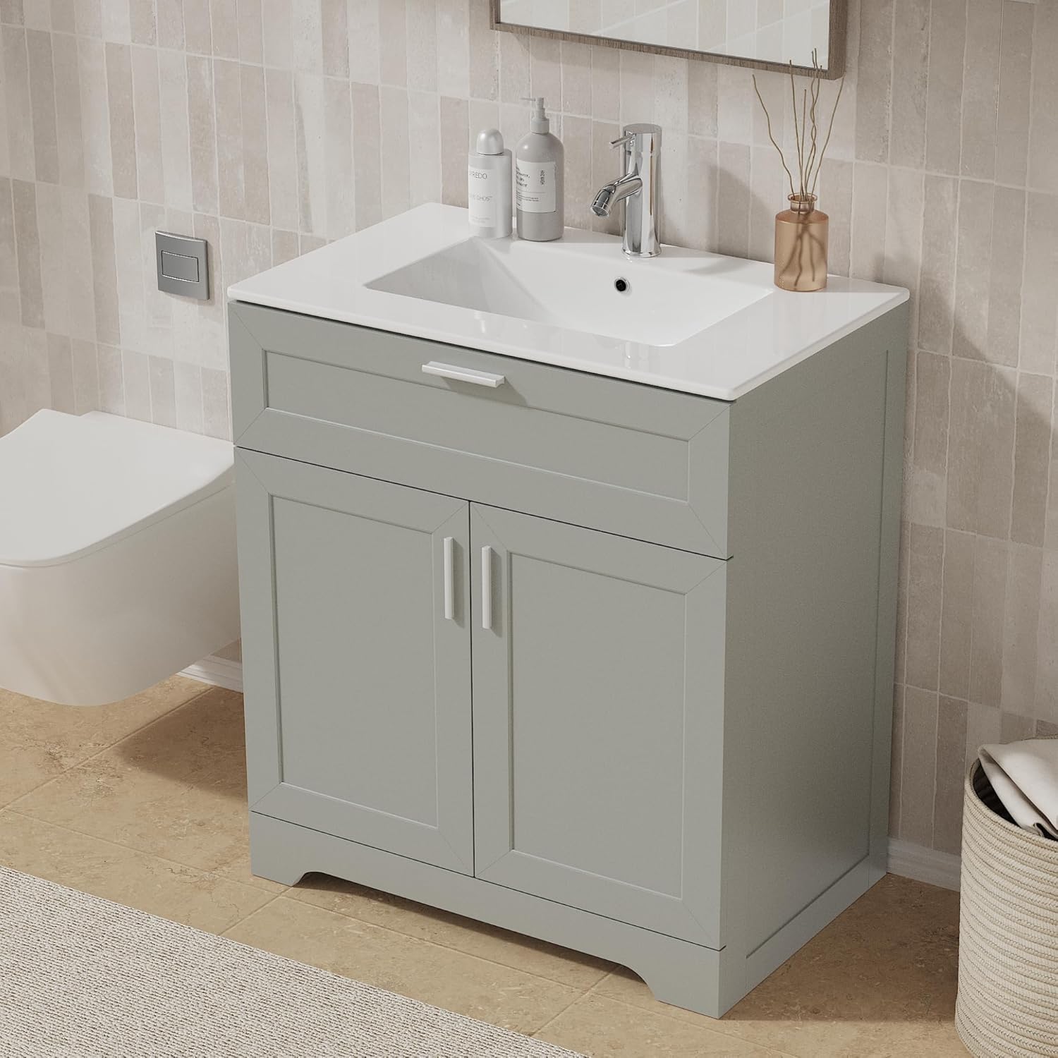 KIGOTY 30" Modern Bathroom Vanity with Ceramic Sink, Wooden Bathroom Storage Cabinet and Sink Combo Set, Freestanding Vanity Sink Cabinet with Faucet, Drawer and Soft-Closing Door (Grey)