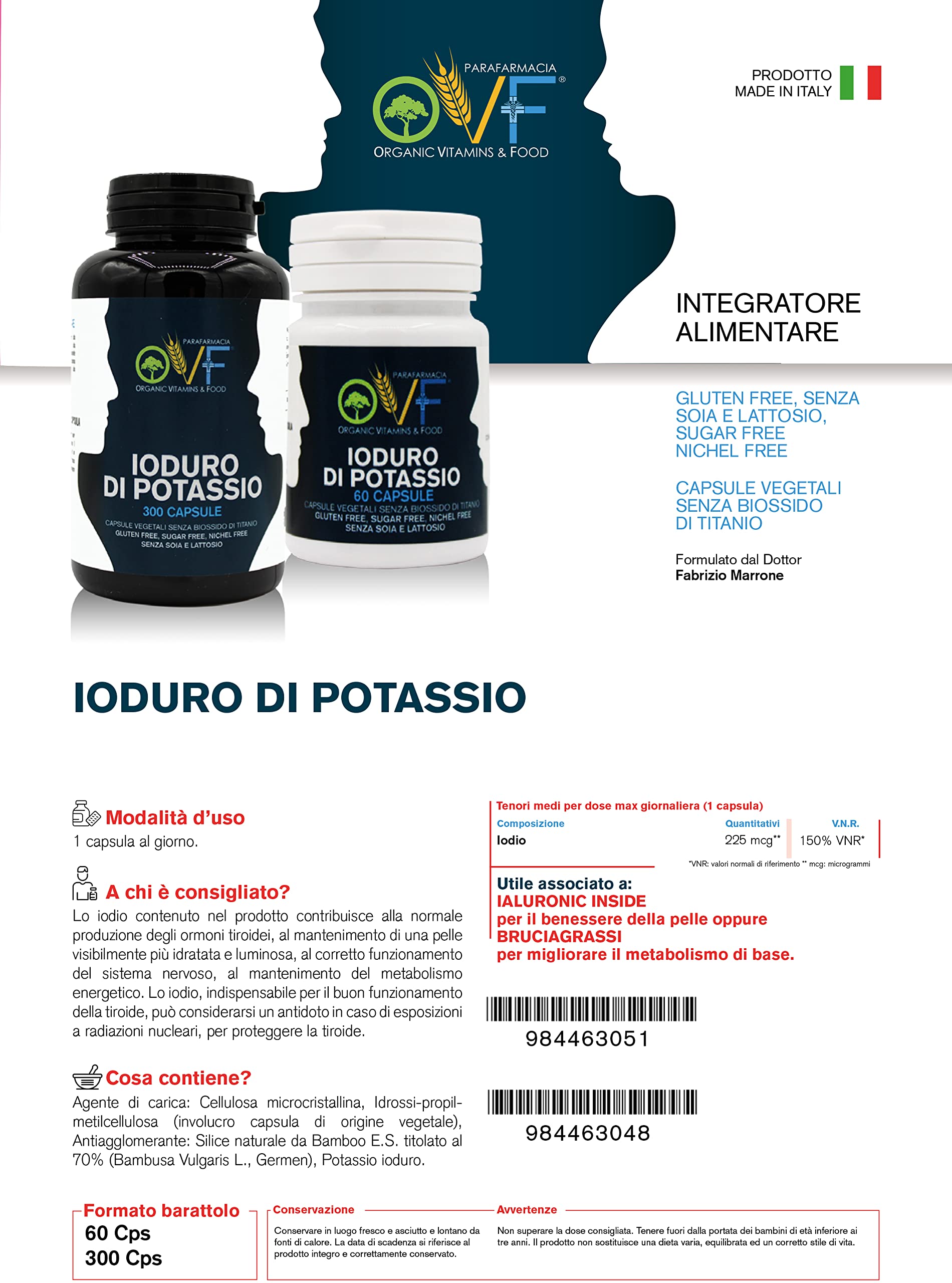 OVF integratore iodio puro 225 mcg (150% VNR), 300 capsule di potassio ioduro per proteggere la tiroide, pillole ioduro di potassio per una scorta conveniente di 10 mesi