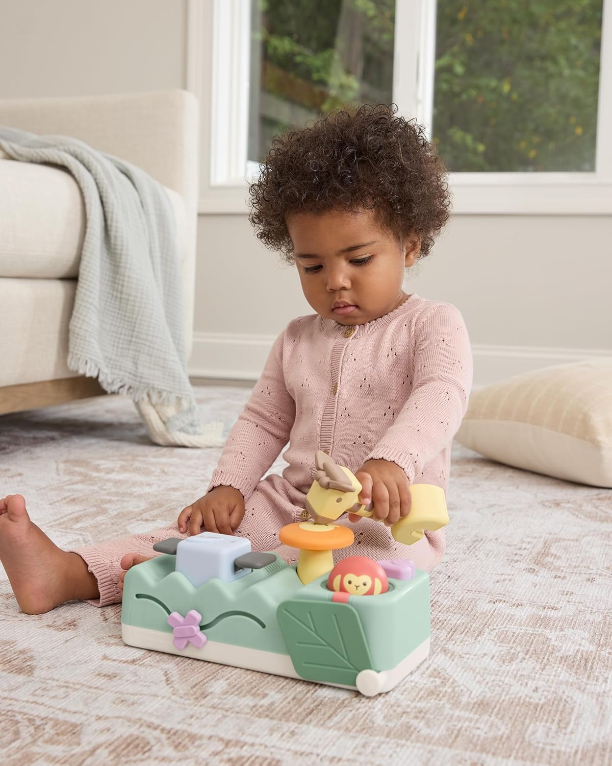 Skip Hop Tummy Time & Seated Play Cause & Effect Developmental Musical Baby Toy with 12 Animal Sounds, Lights, Music and 6 Activities, Geometric Wonders 2-in-1 Pounding Bench, Age 3m+