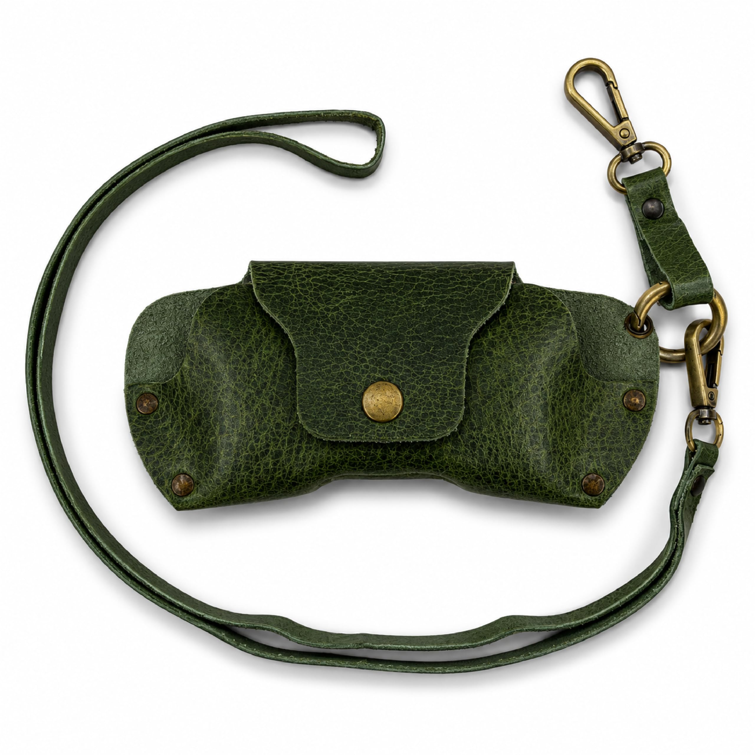 TheAntiq Custodia per occhiali da sole in pelle con cordino - Porta occhiali da vista fatta a mano con chiusura a scatto, custodia protettiva da viaggio per occhiali, uomo e donna, 7 x 7 cm, verde