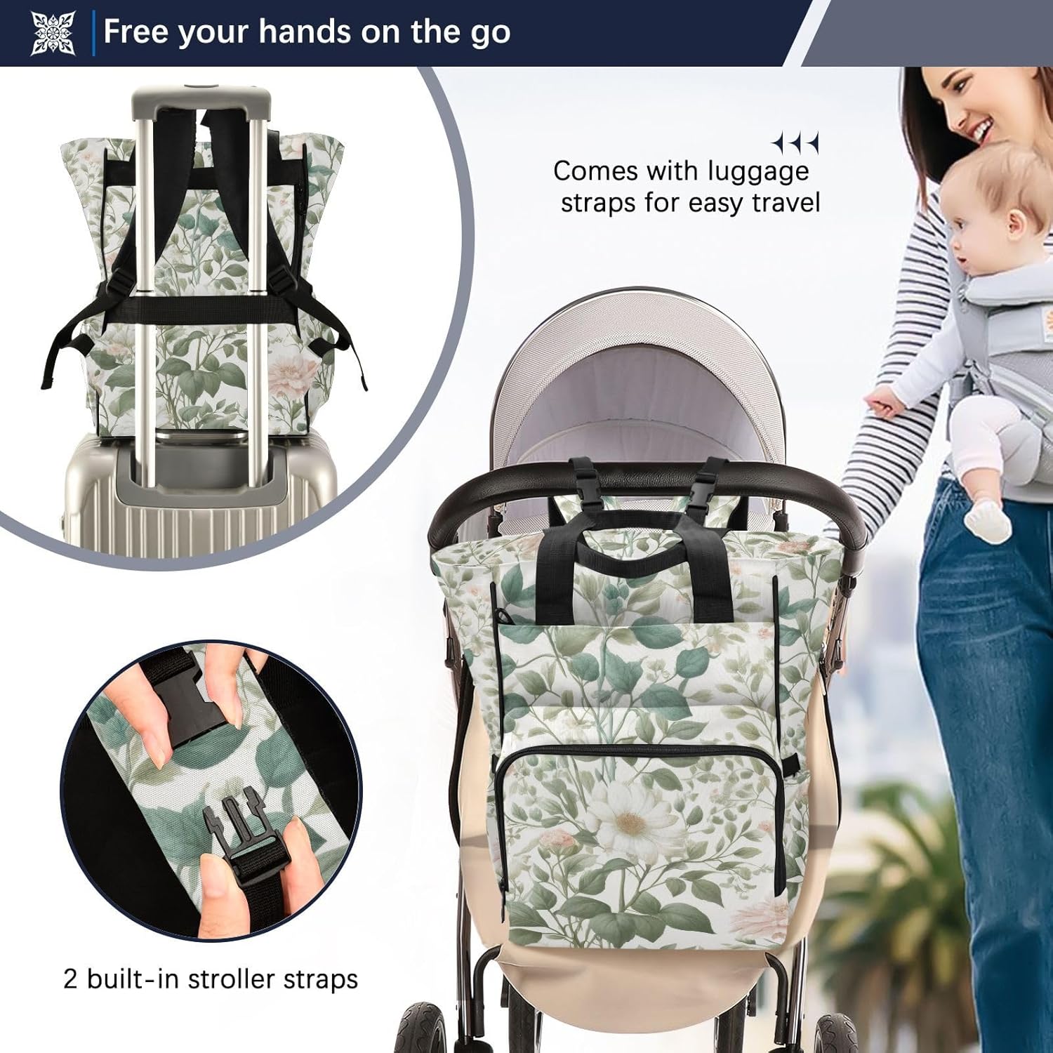 Jungle Leaves Diaper Bag Backpack Waterproof Mom Backpack Travel Tote with Insulated Pockets and Stroller Straps