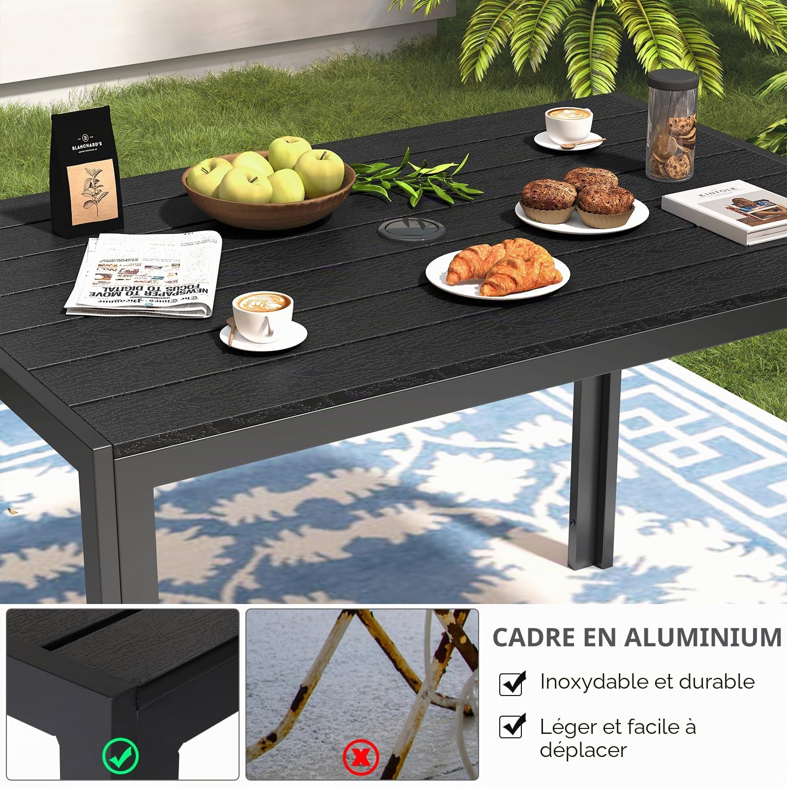 LIFERUN Table de Jardin avec Trou de Parasol, Table Extérieure 110 x 70 cm
