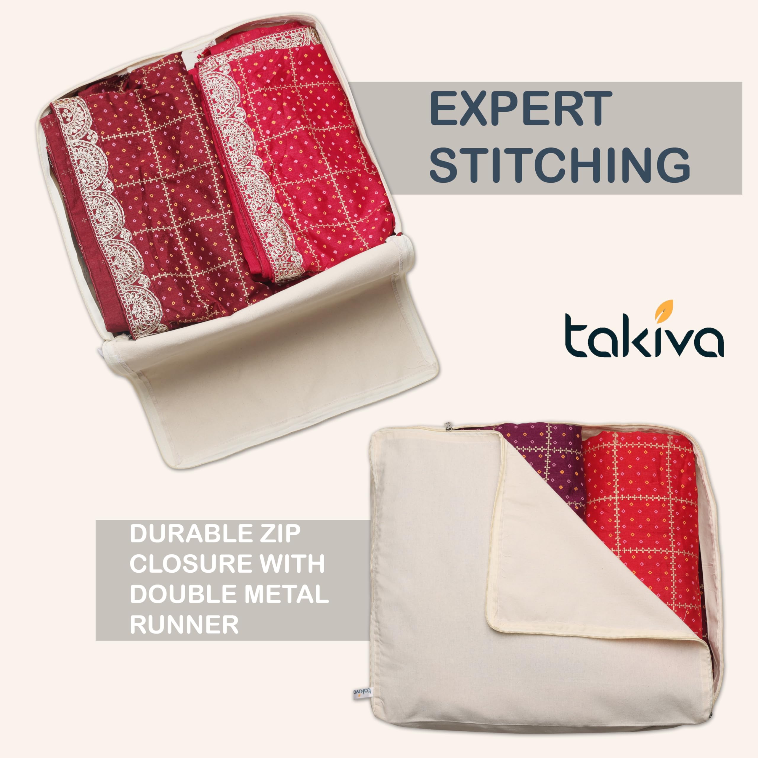 TAKIVA Cotton Canvas Saree Storage Bags Pack of 3 | Large Cotton Storage Bag for Clothes, Sarees & Blankets | Big Size Wardrobe Organizer with Zipper | Reusable Soft Canvas Storage Box 3