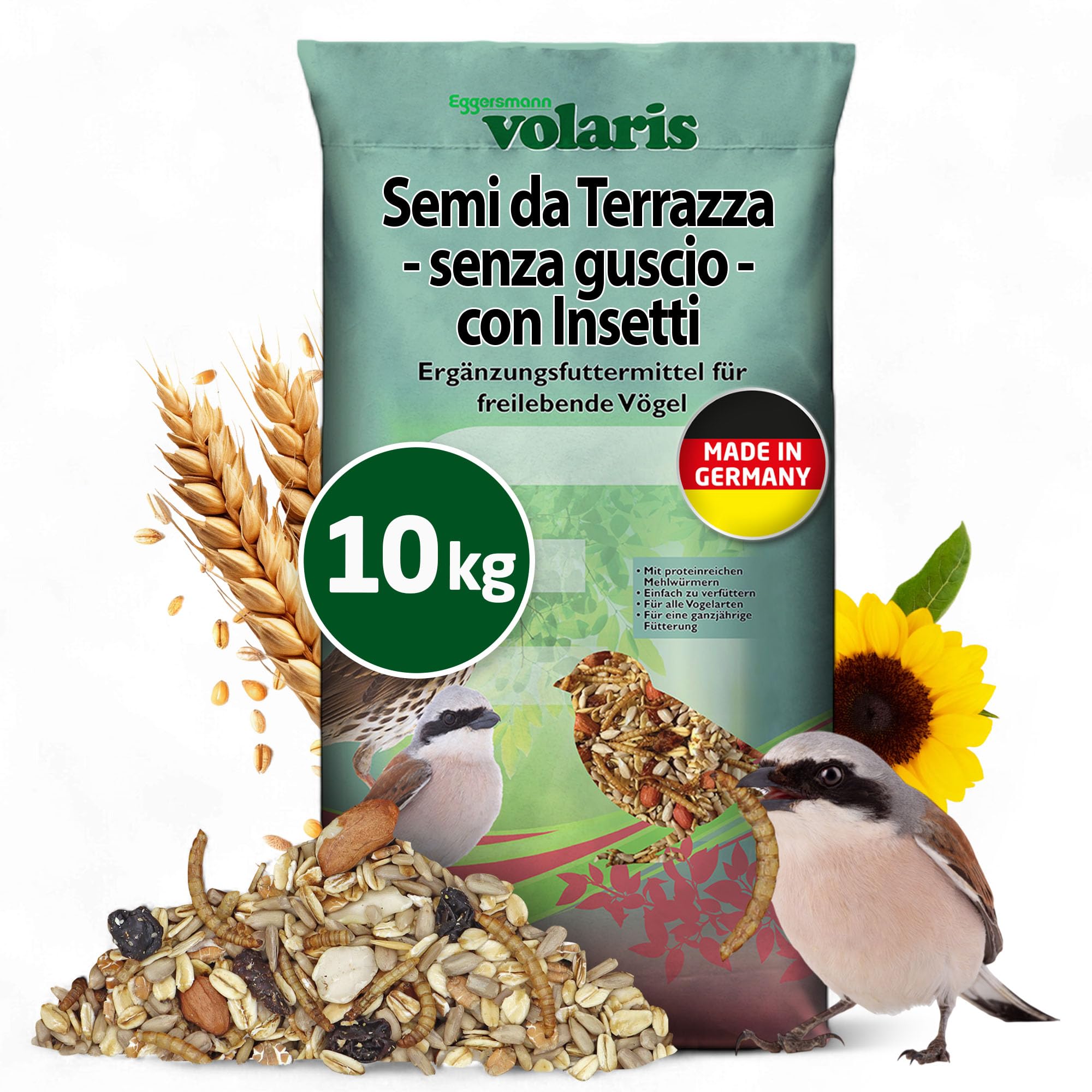 Eggersmann volaris Grani da terrazza con insetti, 10 kg, senza guscio, mangime per uccelli selvatici con vermi di farina, semi di girasole, UVM. Mangime per tutto l'anno, ricco di proteine ed energia,