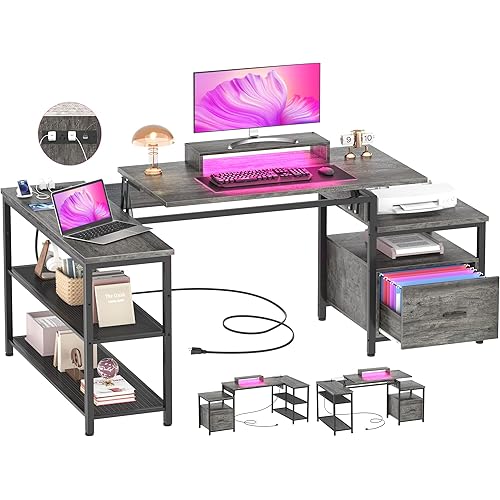 Aheaplus L Shaped Desk with Power Outlet, Standing Home Office Desk with Lift Top and File Drawer, 63'' Corner Computer Desk with Monitor Stand&Printer Shelves, Gaming Desk with Led Lights, Grey Oak