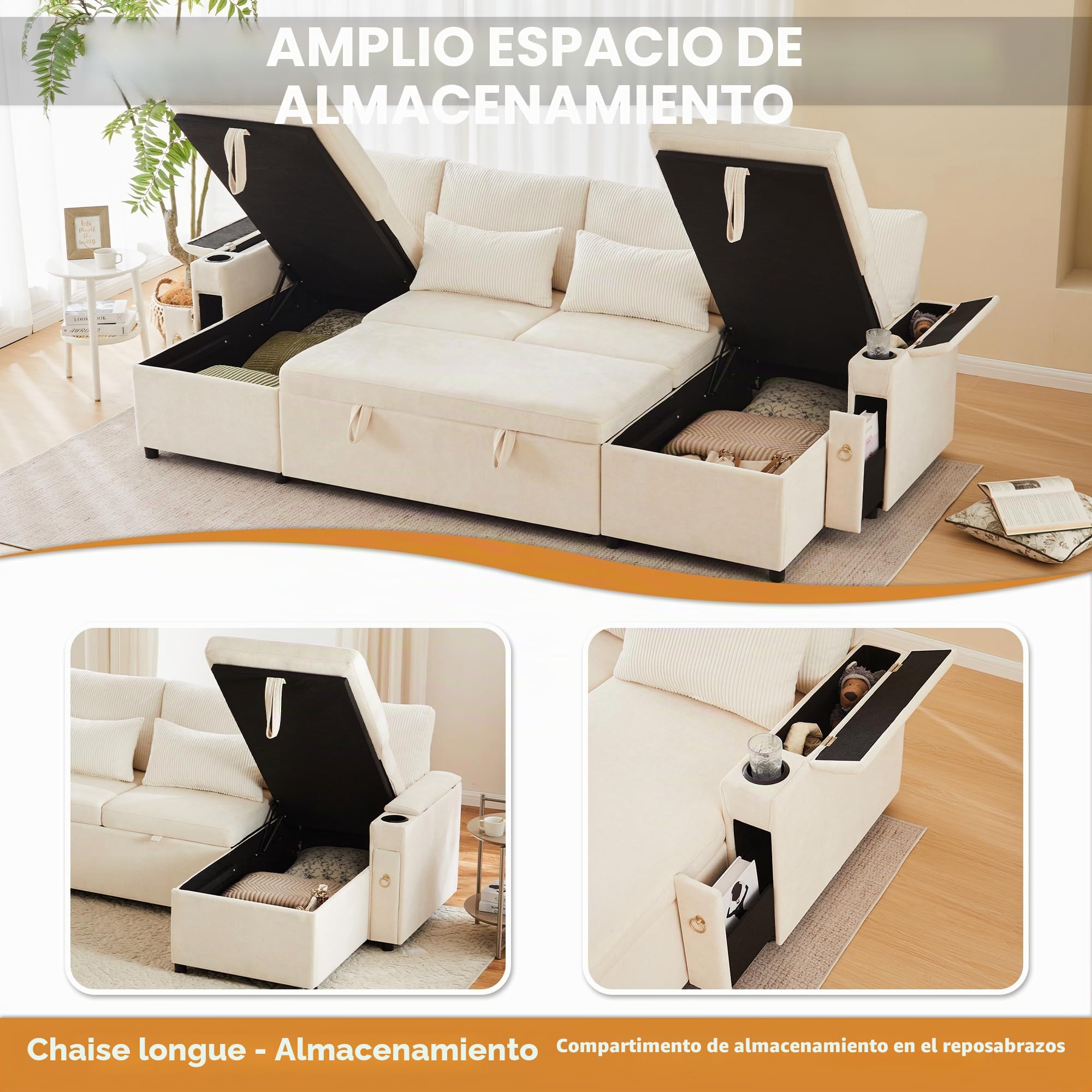 Sofá de esquina en forma de U de terciopelo acanalado con cama para invitados extraíble, sofá moderno de 4 plazas con compartimento de almacenamiento, portavasos y función de cama, asiento tipo chaise