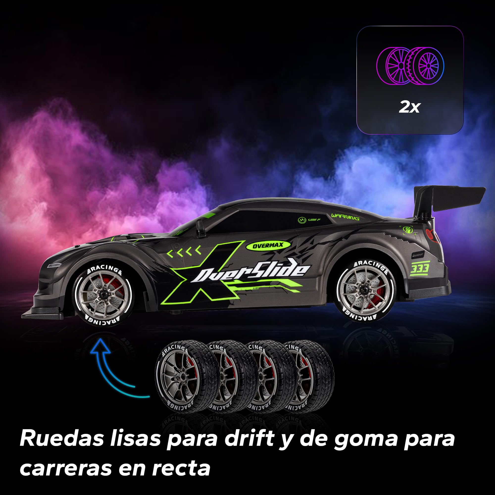 Overmax X-OVERSLIDE Coche RC teledirigido para Drift, Auto para Niños 8+, 1:16, 20 km/h, Alcance de hasta 80 m, Tracción 4WD, 2 Baterías de 500 mAh, Juego de Llantas y Obstáculos, Carcasa Adicional