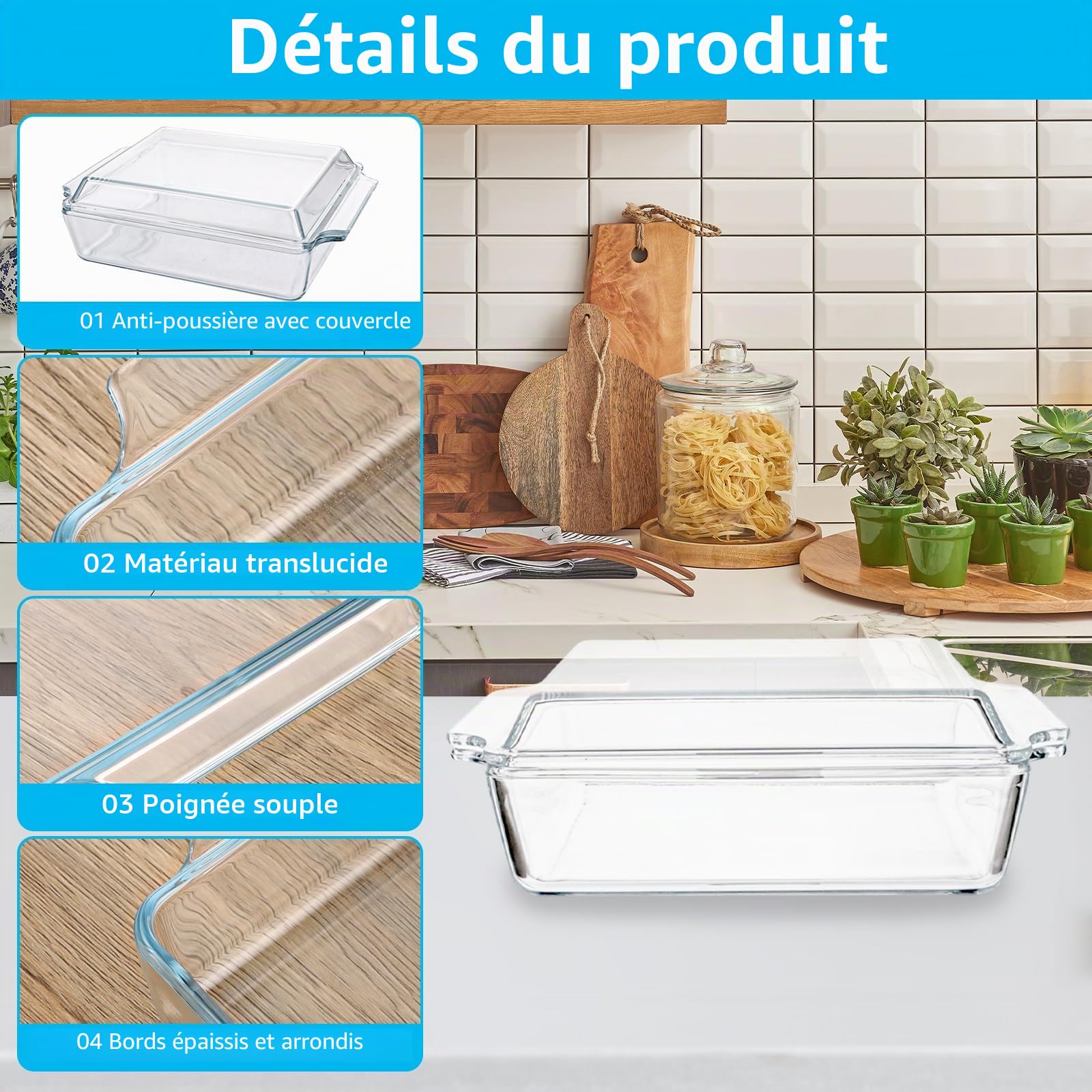 Plat à four rectangulaire 2 l avec couvercle en verre - 29 x 20 x 9 cm - Plat à lasagnes - Récipient de conservation en verre pour rôtir, four, cuisinière électrique, plat à gratin résistant à