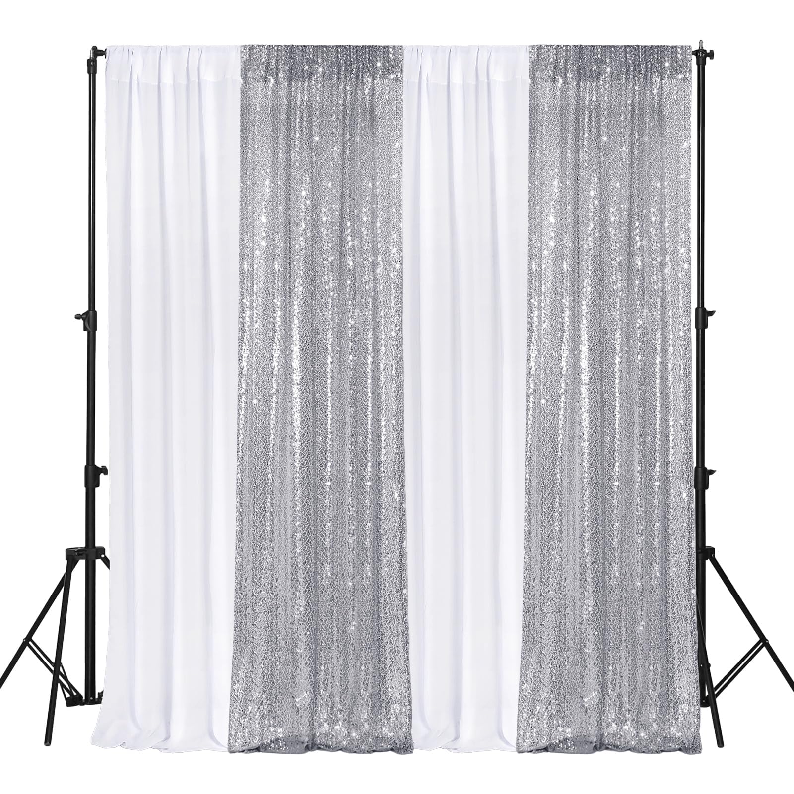 VitalCozy 4 Panels Backdrop Curtains 2 Pcs 4 x 10 ft Sequin Glitter 2 Pcs 7 x 10 ft Chiffon Photo Background Curtains for Graduation Wedding Birthday