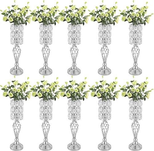 Jarrones plateados para centros de mesa de boda, soporte de flores de metal con cuentas de cristal, decoración de mesa de 24 pulgadas de alto,