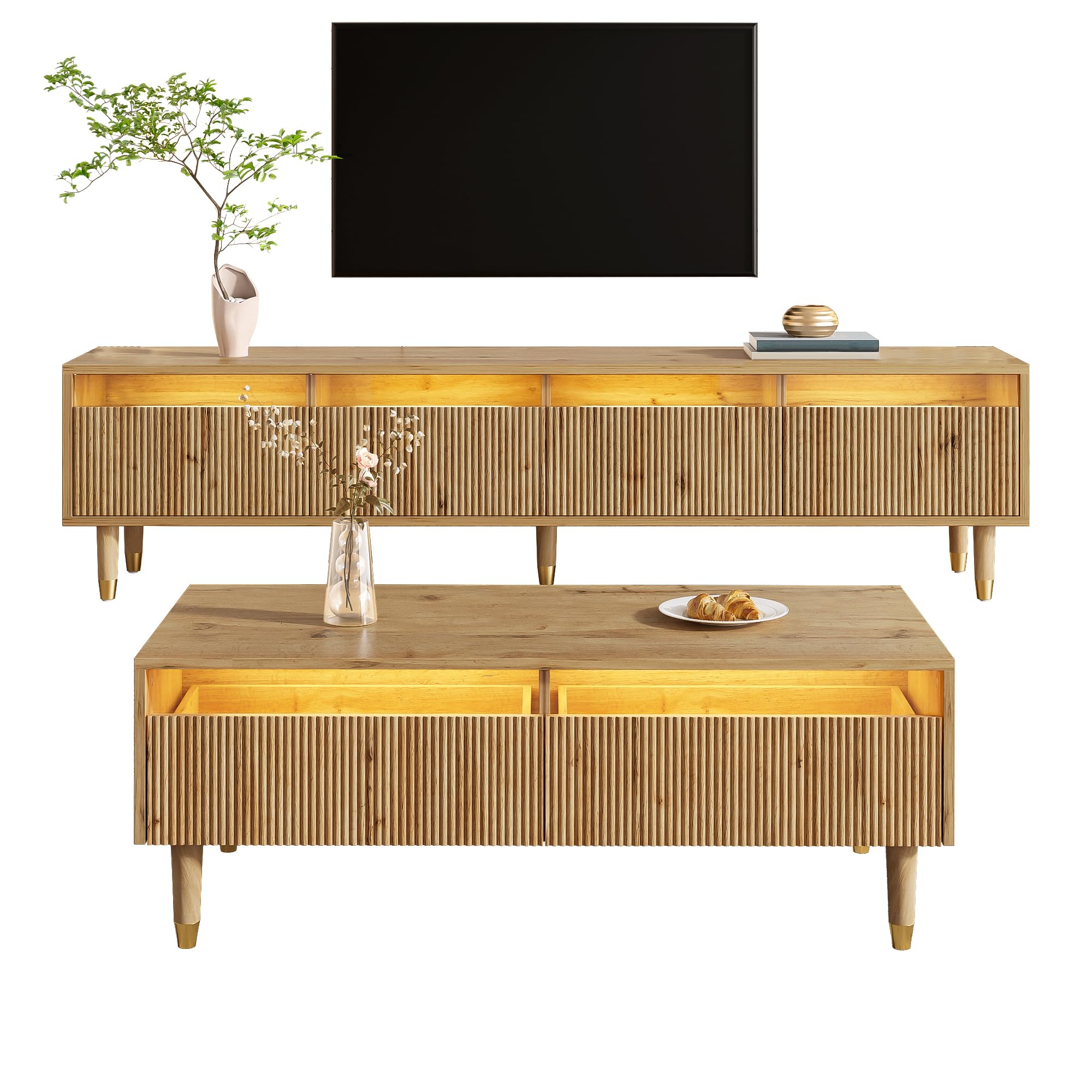 Ensemble de meubles LED Merax pour salon, meuble TV 178x35x45cm, avec 4 portes, table basse 110x50x40cm, avec 2 tiroirs, façade en acrylique, éclairage LED avec télécommande, grand espace de rangement