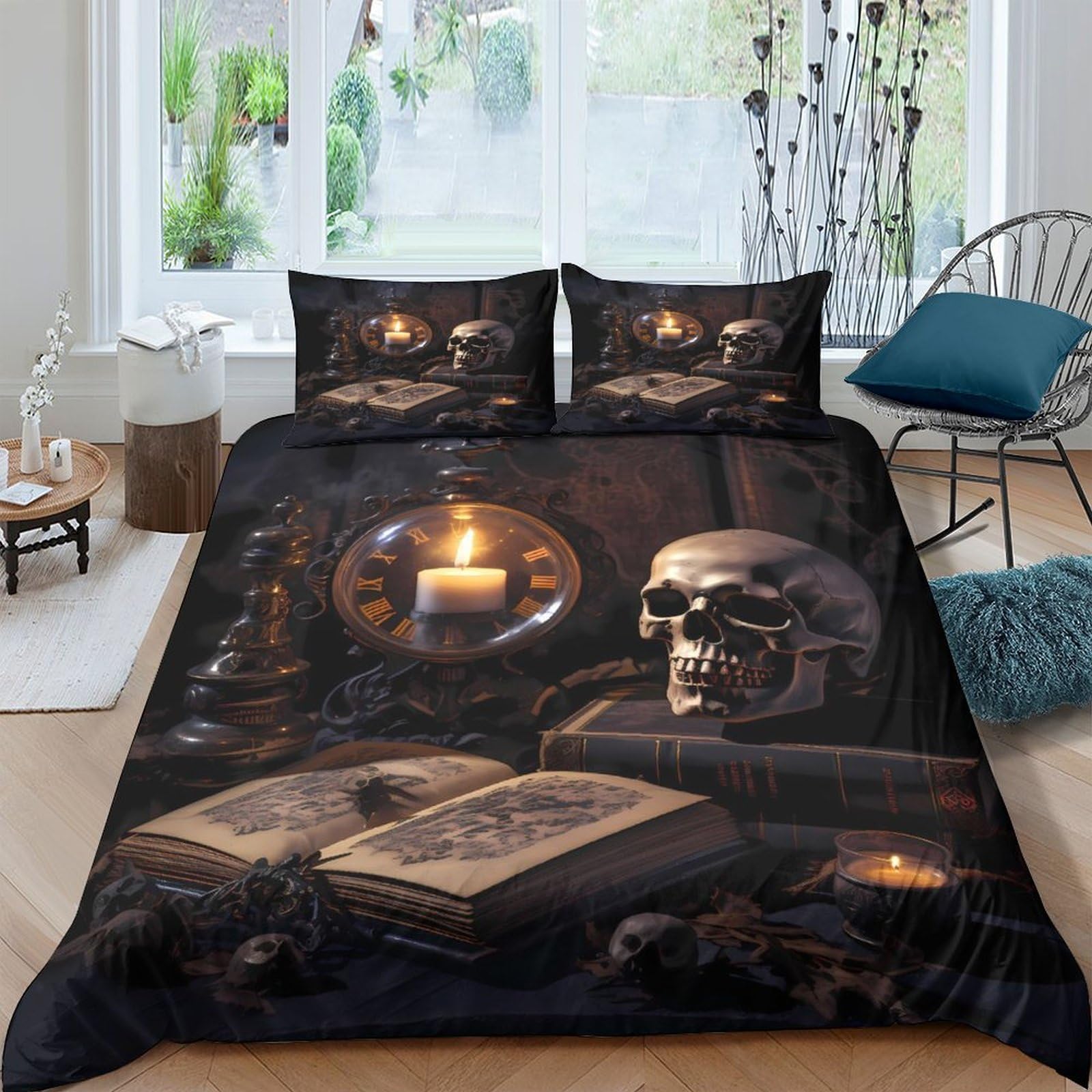 Ctjqhvkz Style-4 3D Printed Candle Skull Fitted Sheet Microfiber Dark Gothic Book Mattress Cover For Bedroom Guest Room Decor Single（135X200cm）