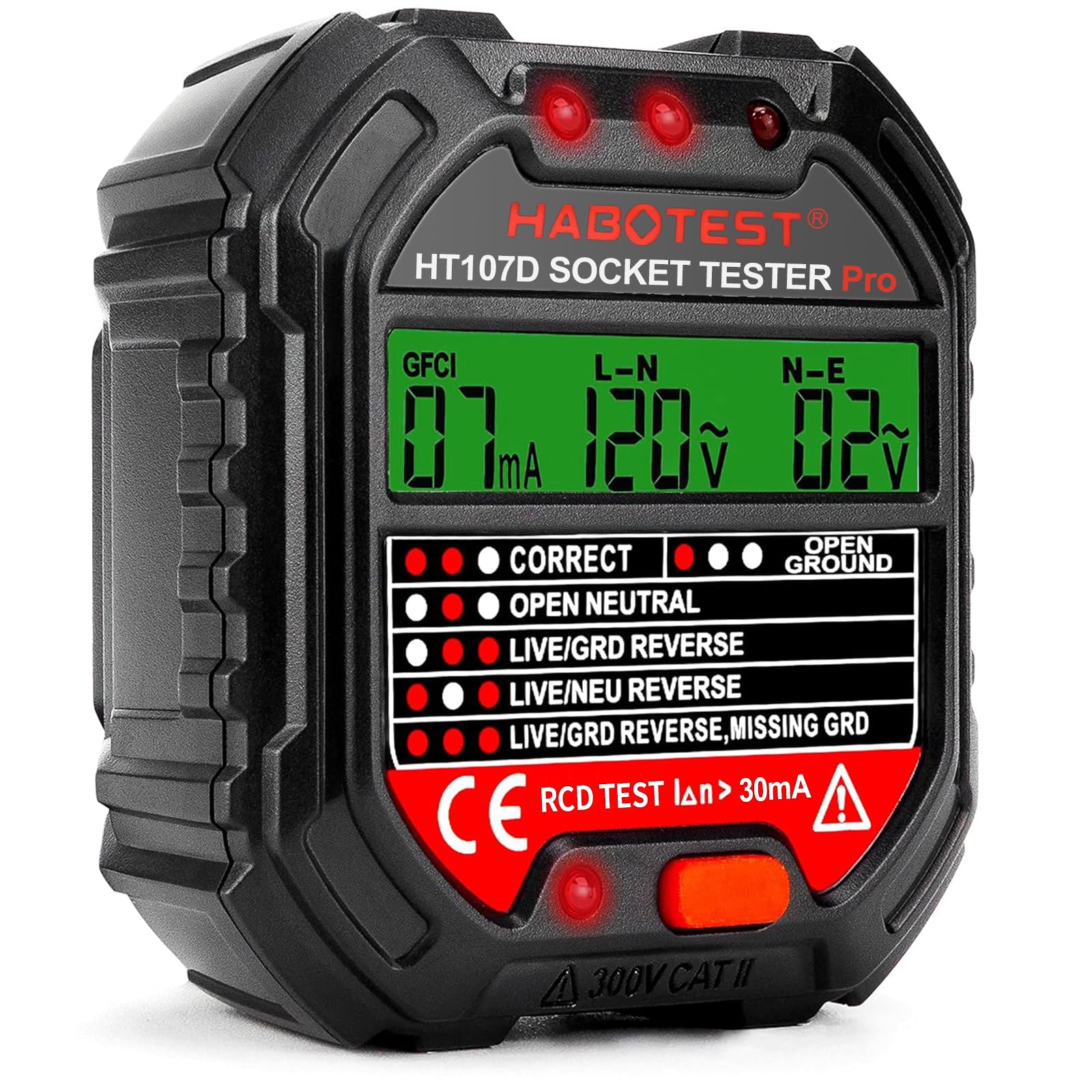 Comprobador de Enchufe de 90-250 V con LCD Pantalla Probador de Enchufes Electricos con Prueba RCD 6 Tipos de Diagnóstico de Averías Examinar Circuito Probar Estado del Diferencial HT107D