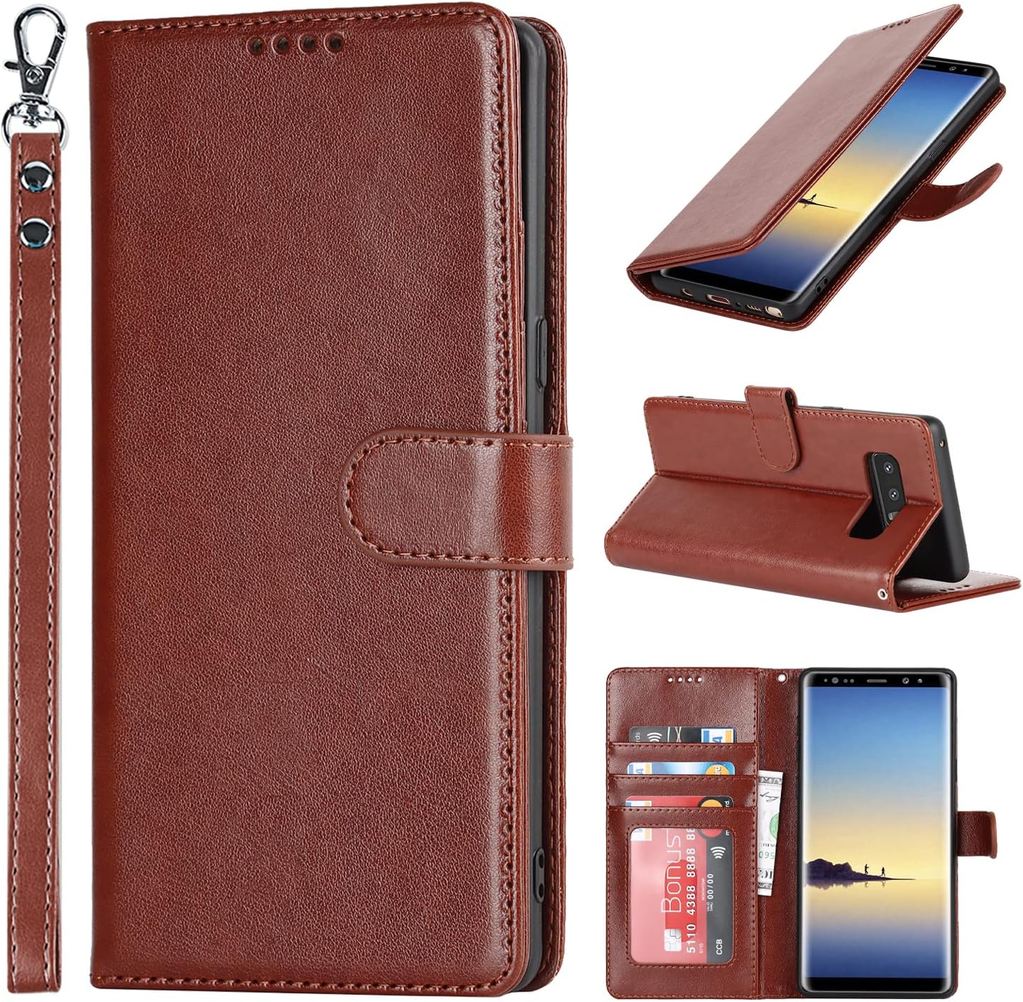 SailorTech Samsung Galaxy Note 8 Wallet Case, Premium PU Leather Case Flip Cases Folio Cover with Kickstand TPU Shockproof Card Slots Holder Magnetic Buckle Phone Protective Case - Dark Brown