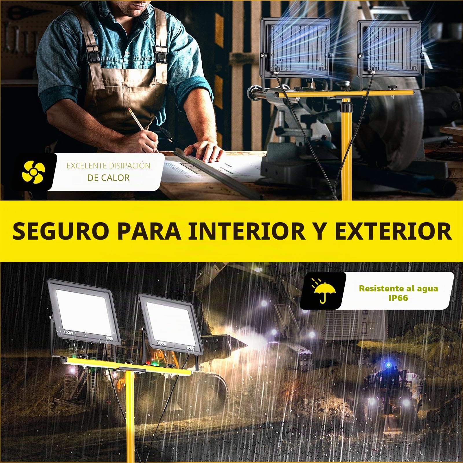 Foco de Trabajo LED 200W con Trípode Telescópico, 20000LM 6500K Foco de Trabajo LED con Enchufe Cable de 3m, Rotación de 360°, IP66 Impermeable Luz de Trabajo para Taller, Obras, Garaje