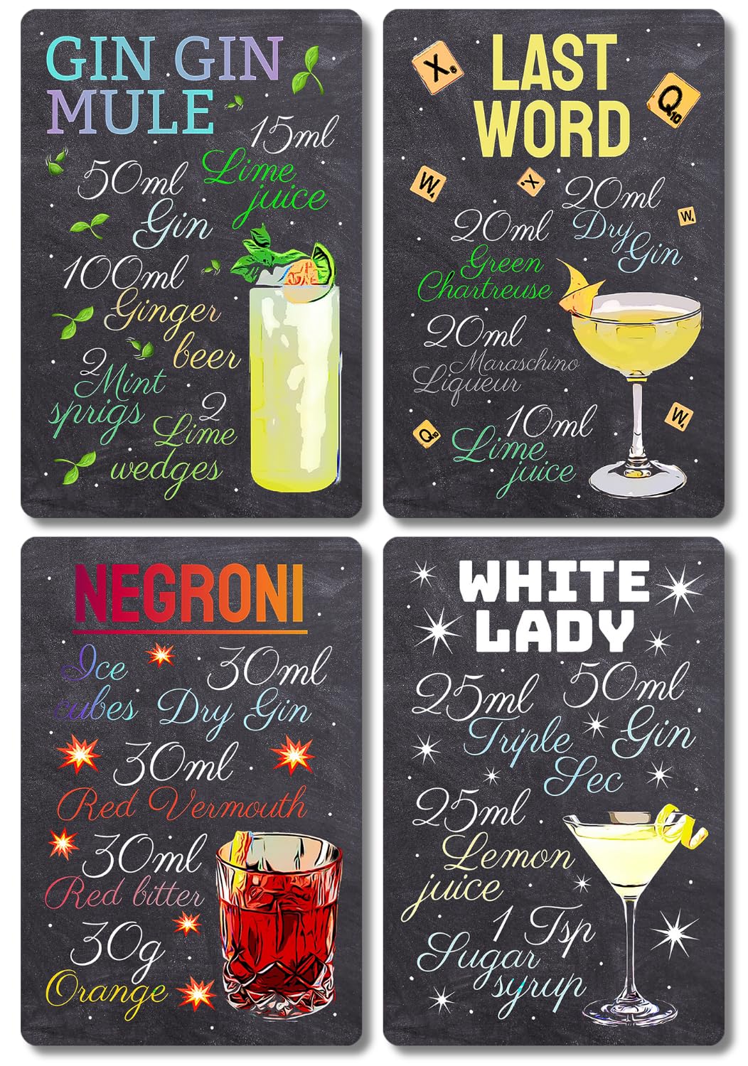 Cocktail Bar Signs - Set of 4 Gin Recipes for Drinks, Kitchen Plaques, Bar Décor, Pub, Club Bartender - Indoor/Outdoor - 20cm x 30cm — image 1