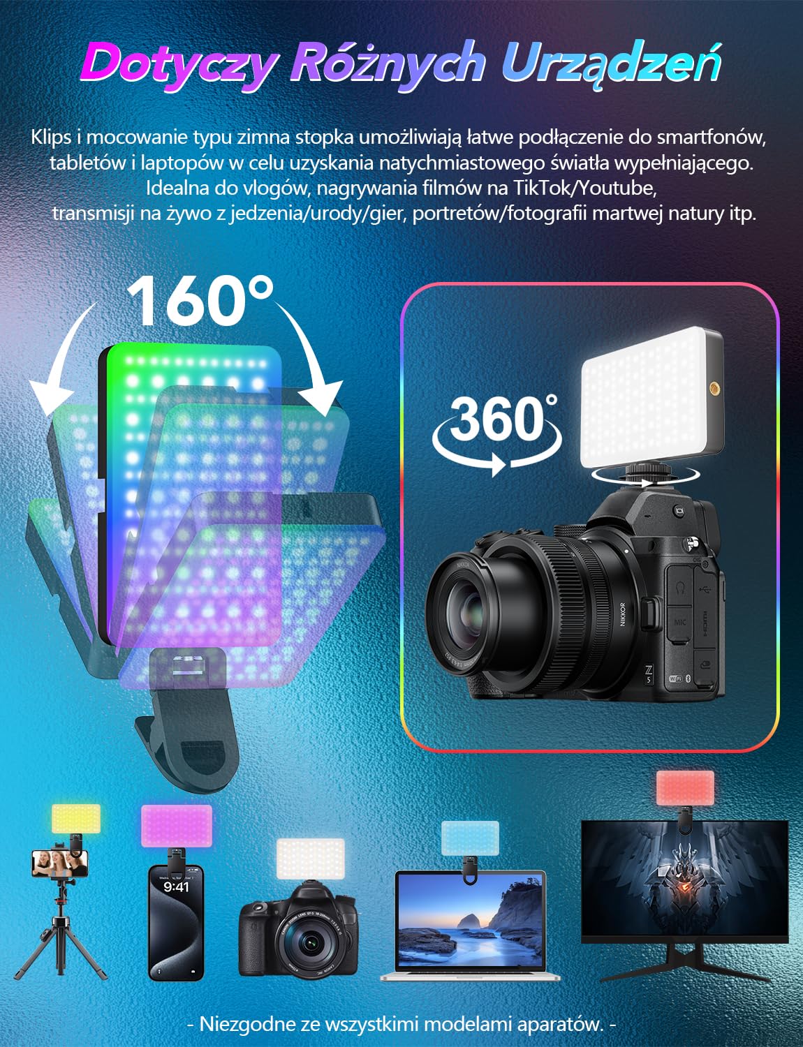 Lampki do Selfie RGB, 138 Światło Kamery LED 360° Pełnokolorowe Przenośne Oświetlenie Fotograficzne z 30 Trybami Scen 10 kolorów, Akumulatorowe Oświetlenie wideo CRI 95, do Telefonu, Aparatu | 360° Pełnokolorowe Przenośne Oświetlenie Fotograficzne Akumula