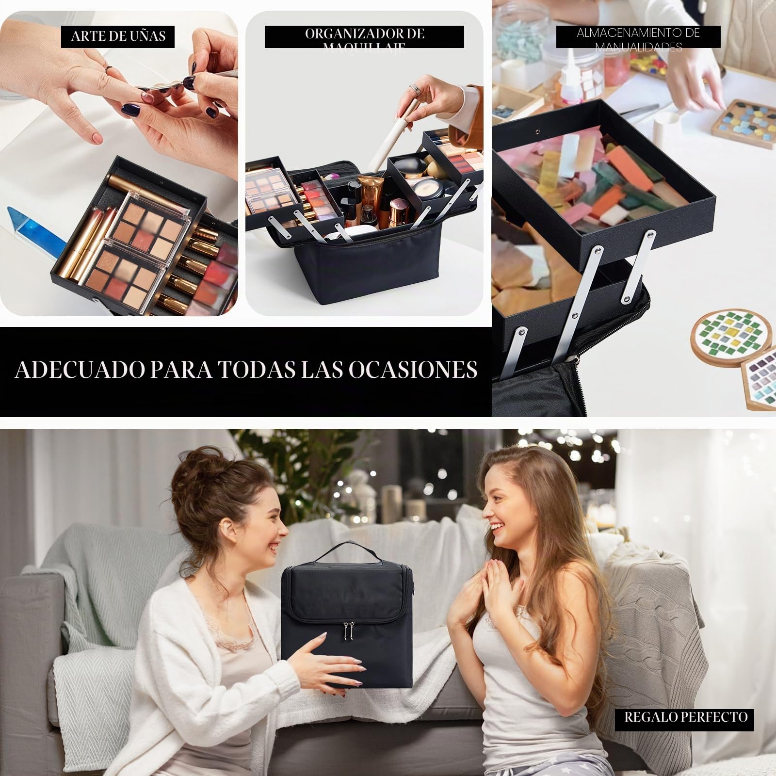 Maletín Maquillaje con Correa Estuche Cosméticos Grande Neceser Bolsa Maquillaje de Uñas Profesional Maleta de Makeup Organizador Beauty Case de Viaje Joyero y Manicura para Mujer, Nergo