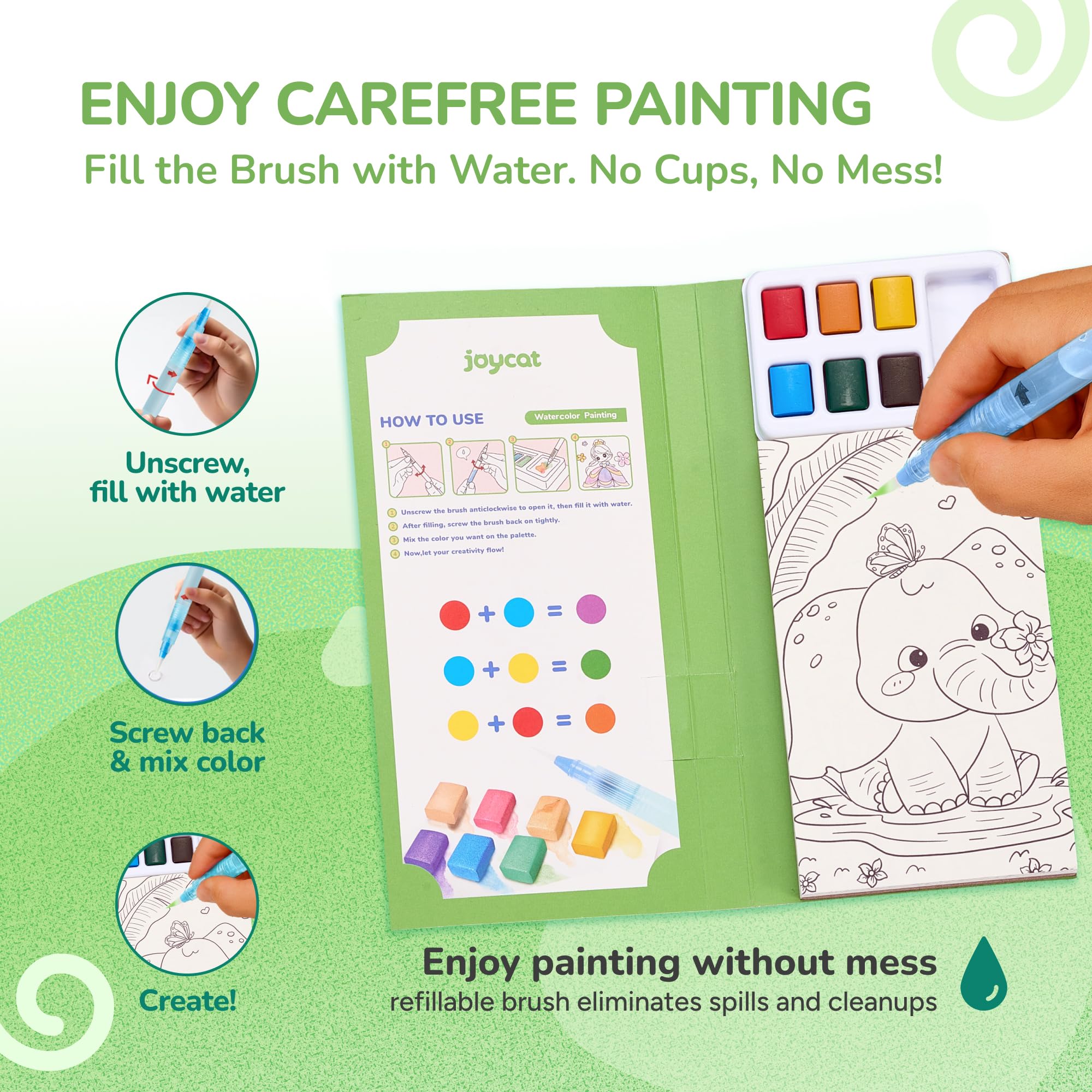 JoyCat Set da 2 Libri da Colorare con Acquerelli per Bambini, Set di Attività Creative e Artistiche, Kit Creativo da Viaggio e Casa, Regali per Ragazze e Ragazzi da 3 a 8 Anni (Verde Chiaro & Verde)