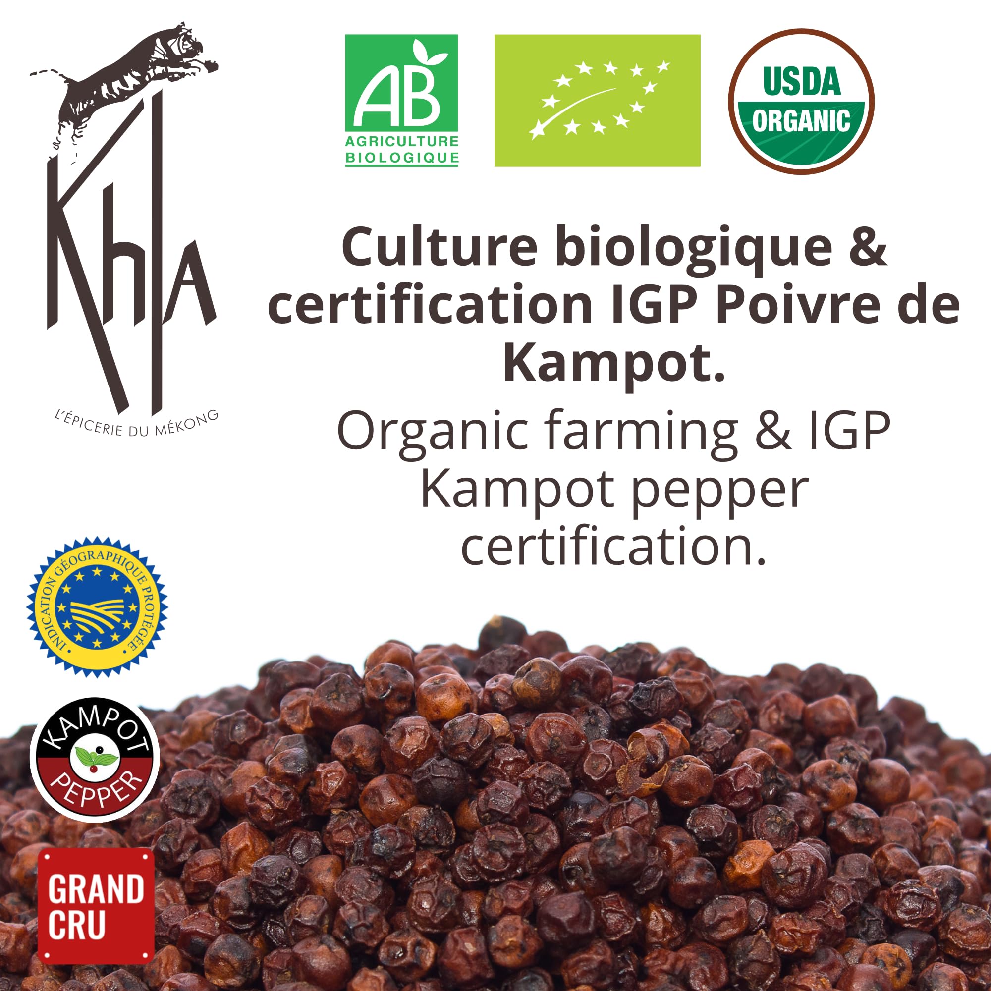 Khla - Poivre Rouge de Kampot Certifié Bio 200 g - Sachet Poivre en Grains Biologique - Grand Cru, Doux & Fruité - Ingrédient Cuisine - Direct Producteur - Épice Asie - Origine Cambodge