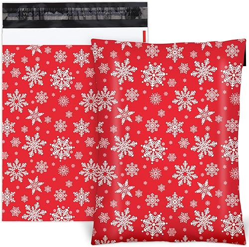 AnyDesign - 100 sobres de polietileno de Navidad de 10 x 13 pulgadas, bolsas de envío de copos de nieve de invierno rojos con autosellado, sobres