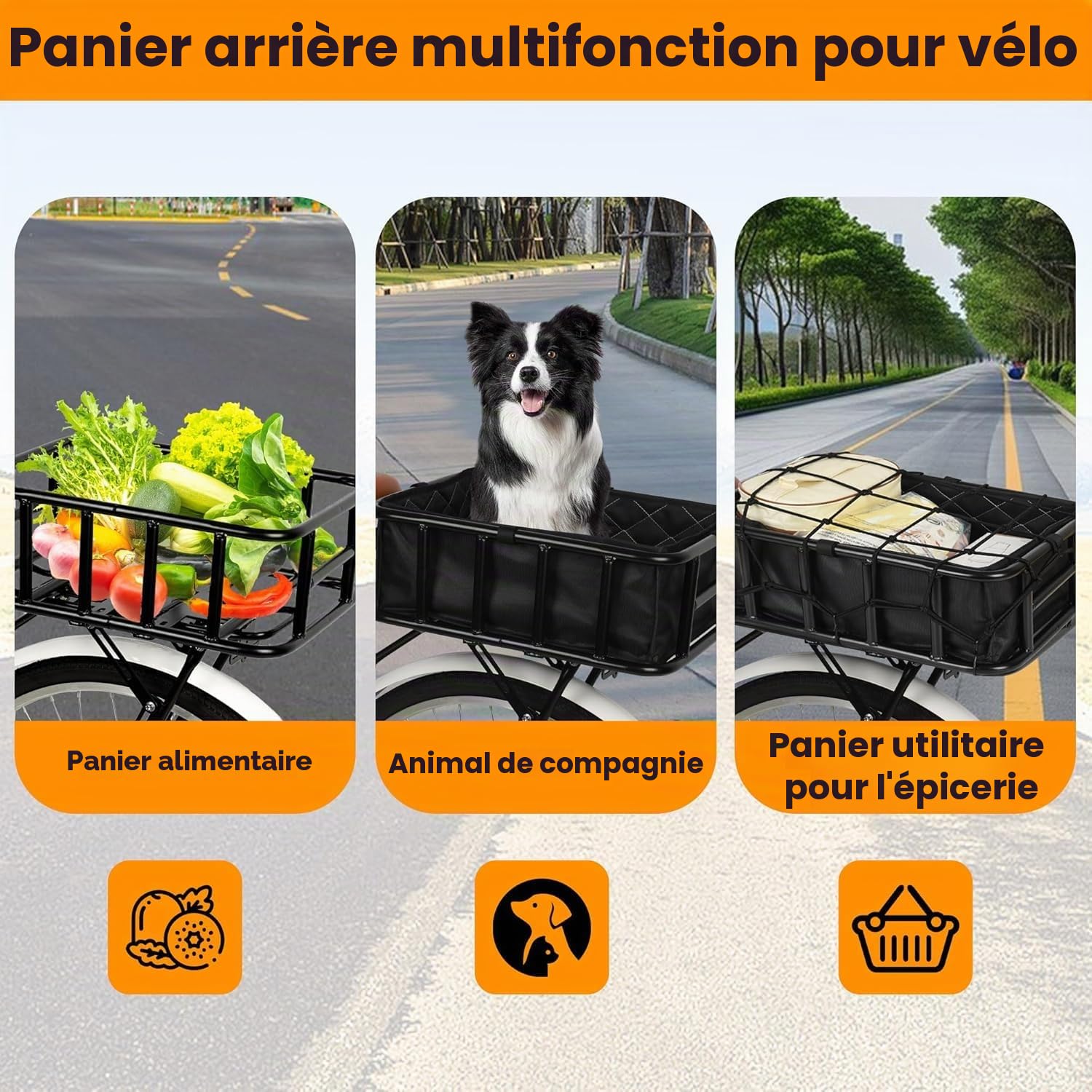 Panier de Vélo Arrière, Panier Velo, Panier Arrière en Métal avec Filet de Chargement et Doublure Épaisse, Porte Bagage Velo Arriere, pour Plupart des Vélos et Vélos Électriques
