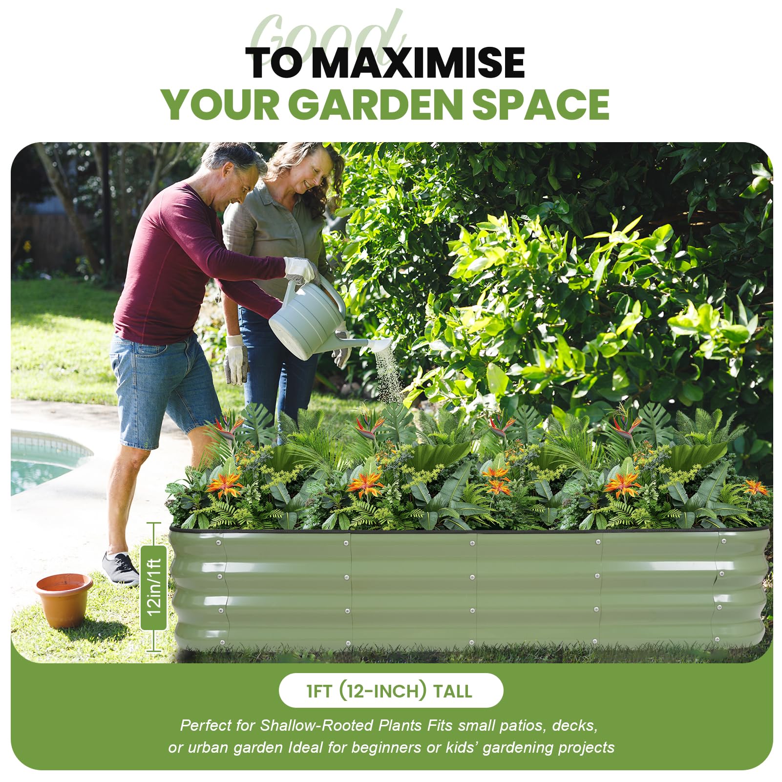 Jardinière surélevée réglable 4 en 1, vert | Jardinière surélevée en métal avec bordure de sécurité et gants pour légumes, fruits, fleurs.