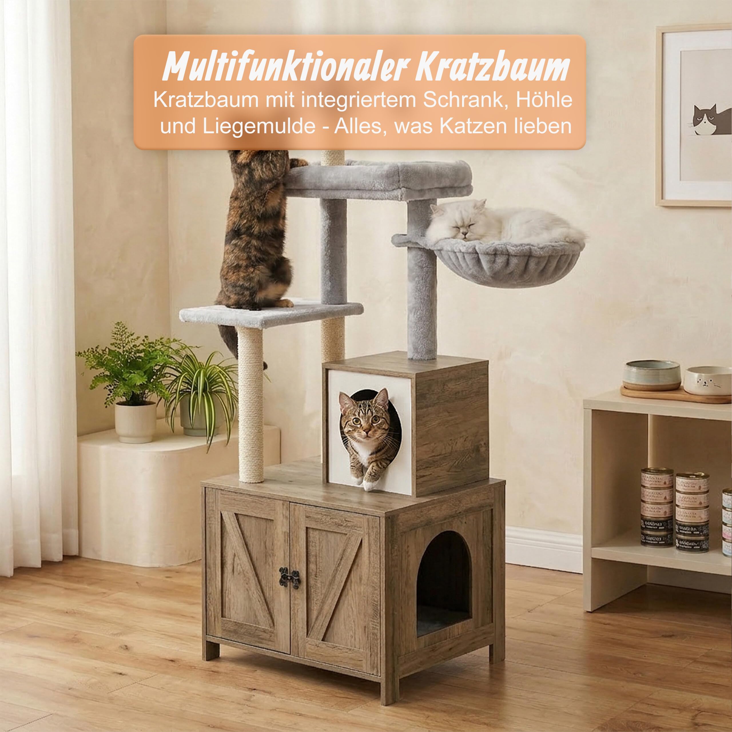 Relaxdays Kratzbaum mit Katzenkloschrank, HxBxT: 150 x 60 x 49 cm, Sisalstämme & Liegemulde, Holzoptik, Hellbraun/weiß