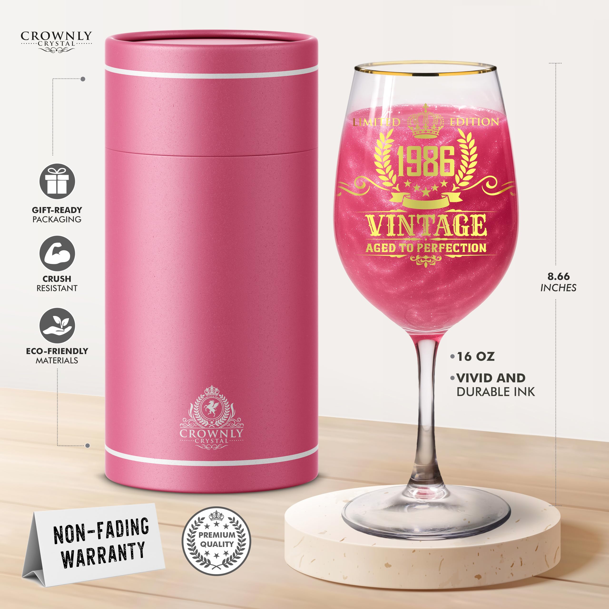 CROWNLY CRYSTAL® 1986 Bicchiere Personalizzato Donna 40° Compleanno | Idea Regalo per Sorella, Amica o Zia