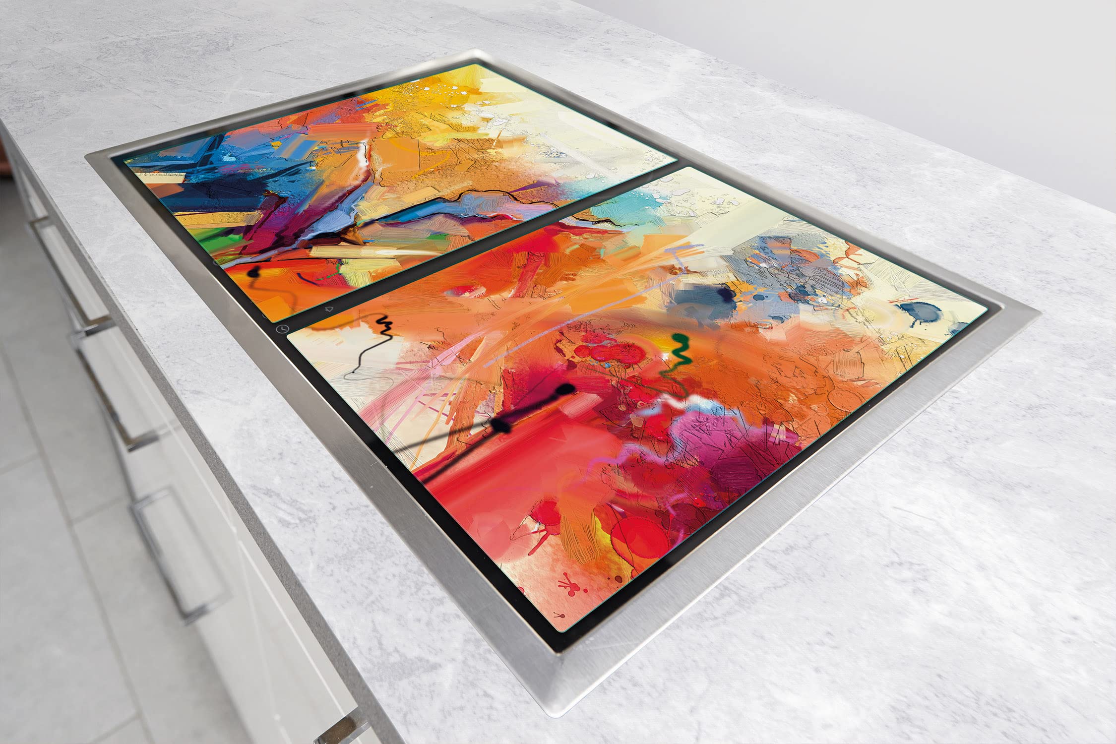 Herdabdeckplatten 2 Teilig 75x52 cm Ceranfeldabdeckung Küche Elektroherd Induktion Herdschutz Spritzschutz Glasplatte Schneidebrett, Stück Bunt