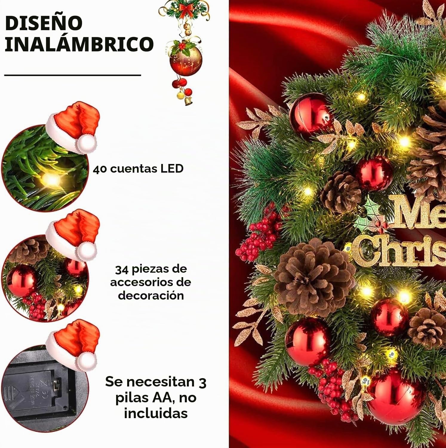 Avoalre 40CM Corona Navidad con Luces 40 Leds, Adorno de Guirnalda de Navidad 8 Modos y Función de Temporización Decoración Navidad para Puerta, Árbol, Pared, Ventana