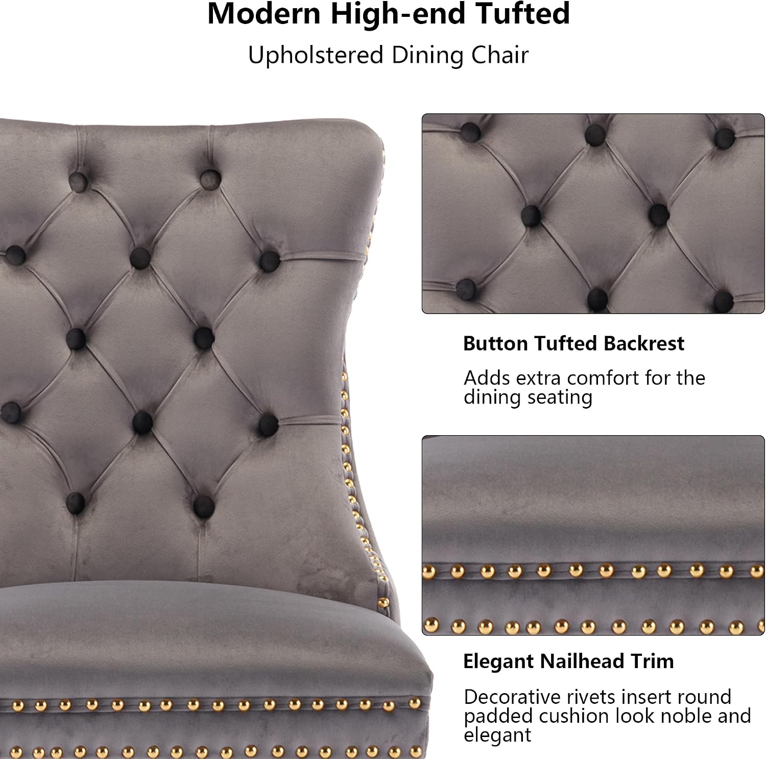 Velvet Dining Chairs Set of 4, Tufted Nailhead Accent Dining Room Chairs with Pull Ring Gold Stainless Steel Legs, Upholstered Wingback Armless Kitchen Side Chairs for Living Room, Gray