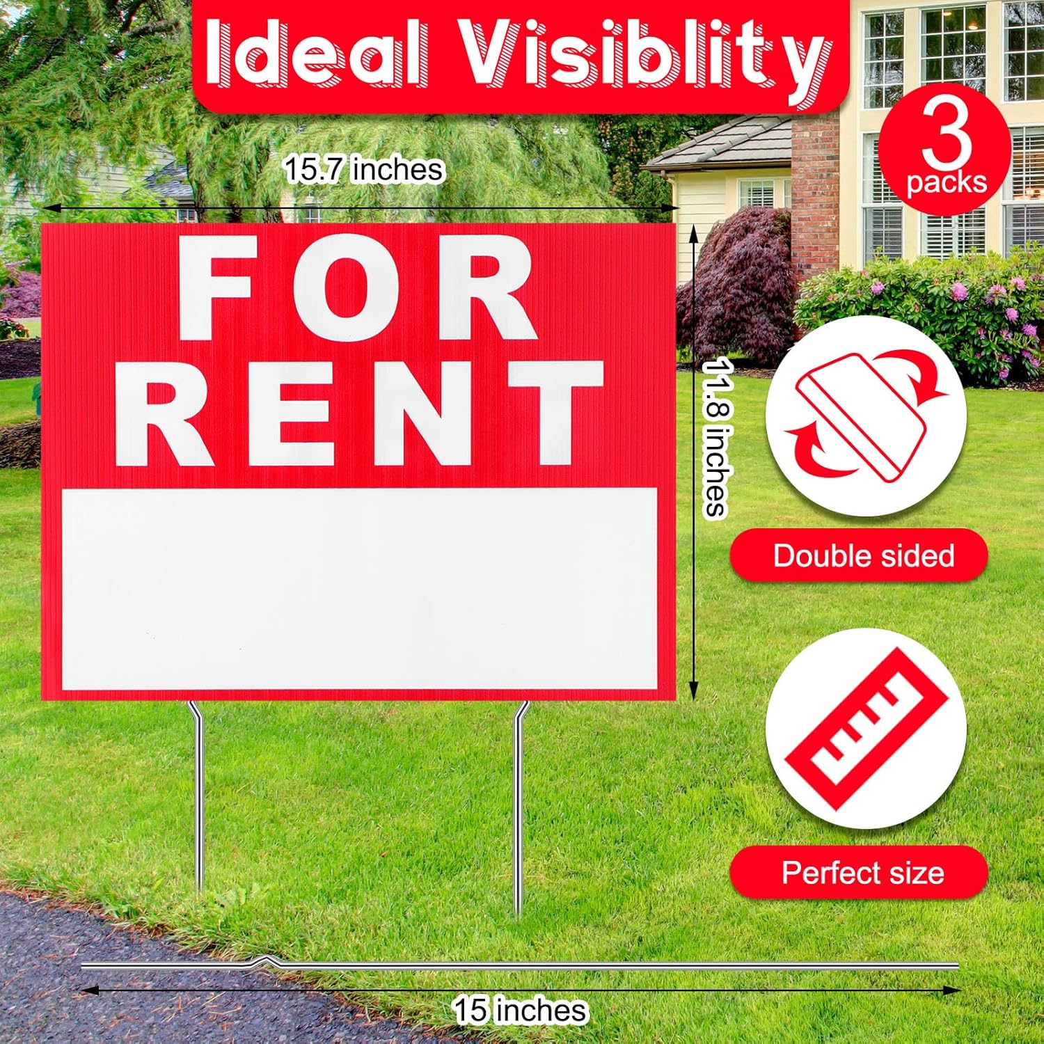 Ripeng 4 Pcs 17 x 13 Inch for Rent Sign with Stand Double Sided Corrugated Plastic Red White for Lease Sign with 8 Pcs Tall Iron Stands for Outdoor House Business Rental Car Apartment (17 x 13 Inch)